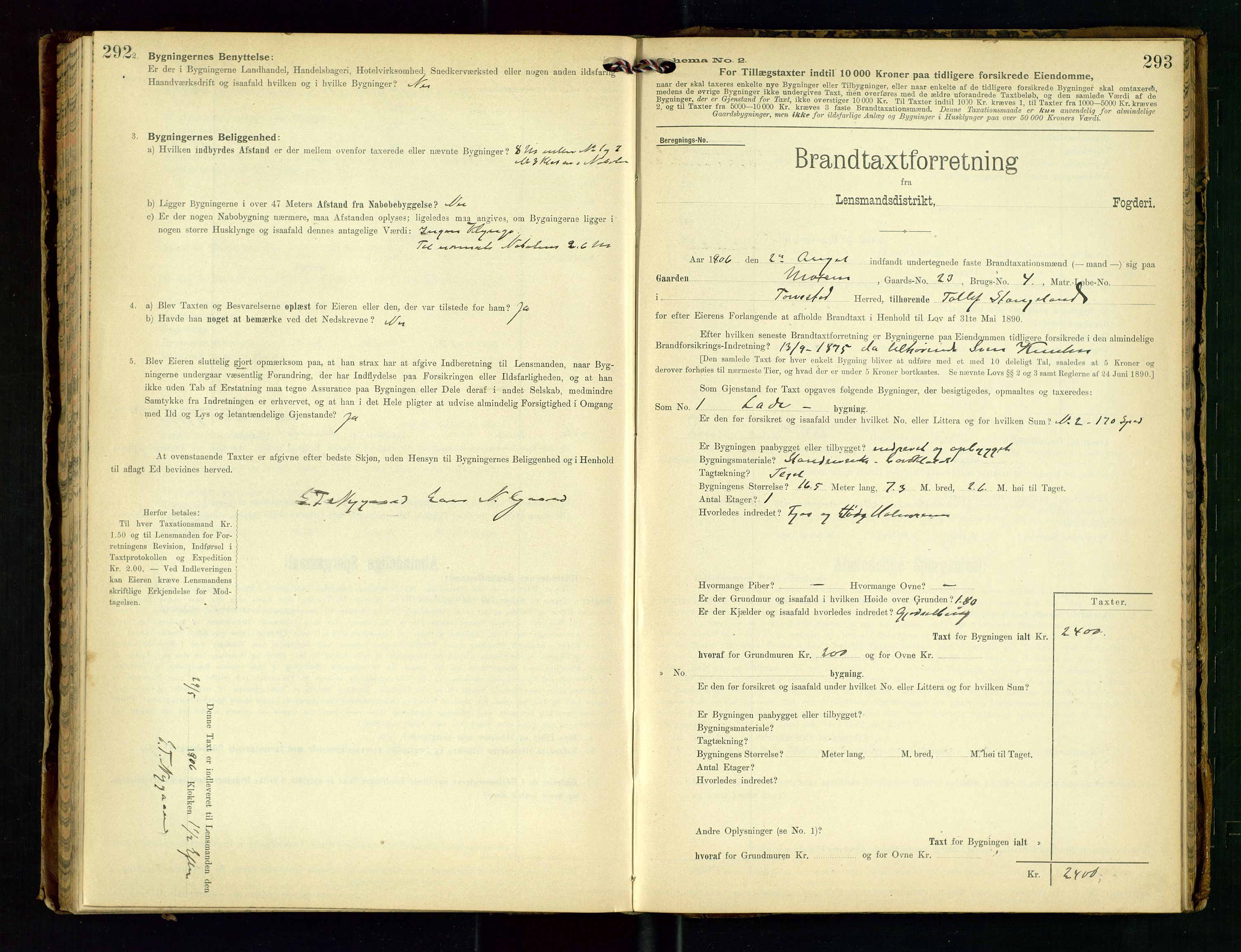 Torvestad lensmannskontor, SAST/A-100307/1/Gob/L0003: "Brandtaxationsprotokol for Torvestad Lensmannsdistrikt", 1905-1909, p. 292-293