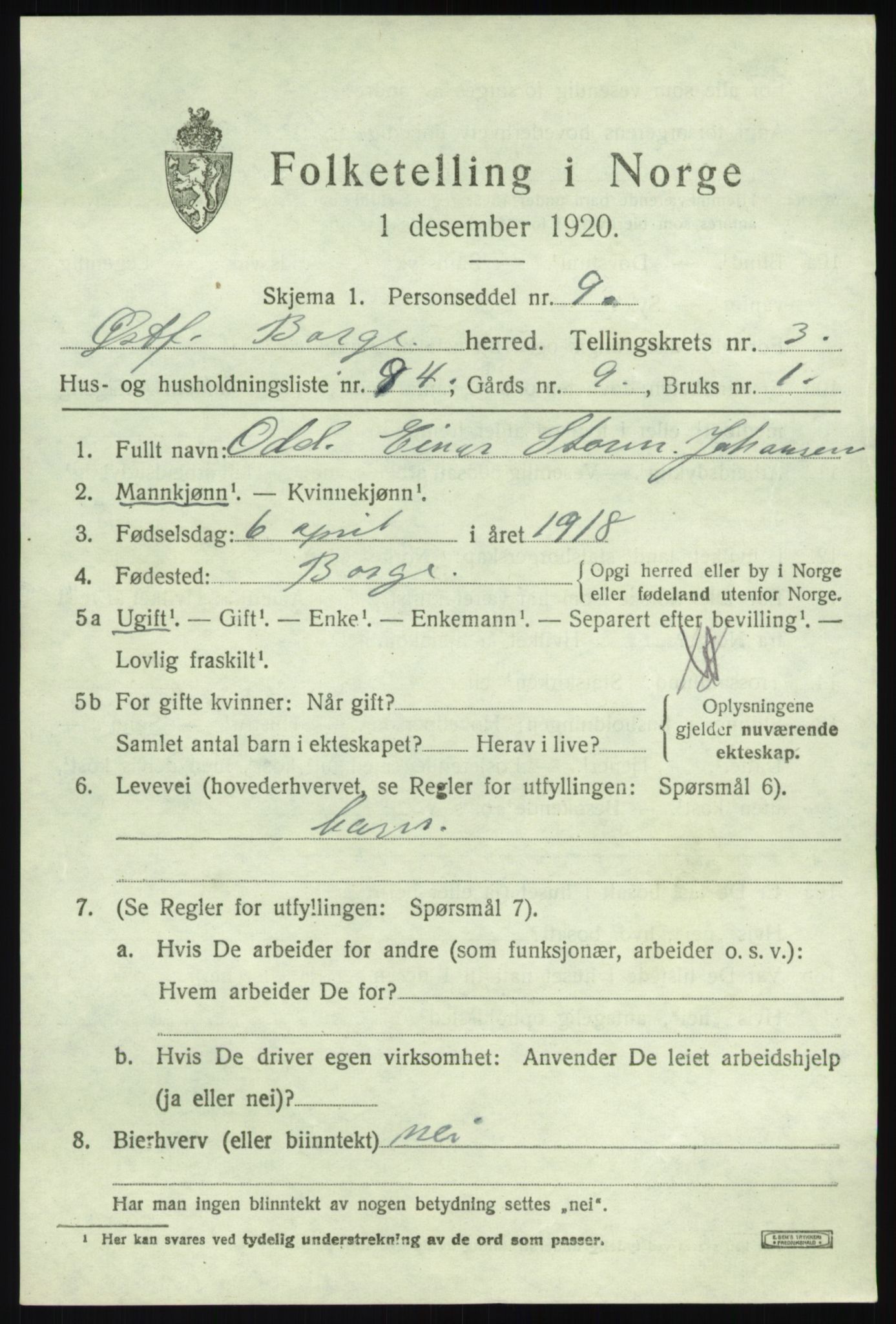 SAO, 1920 census for Borge, 1920, p. 4949