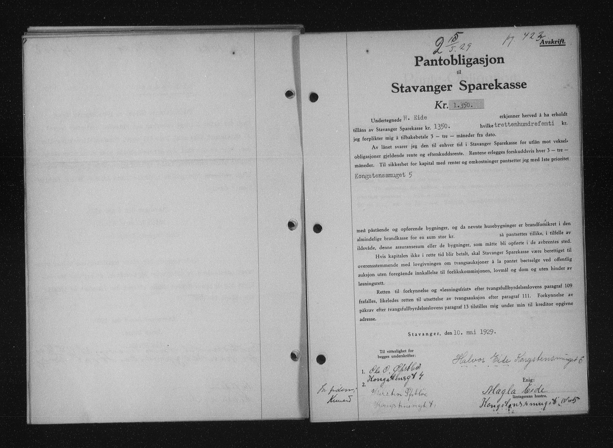 Stavanger byfogd, SAST/A-101408/001/4/41/410/410BB/L0055: Mortgage book no. 43, 1928-1929, Deed date: 15.05.1929