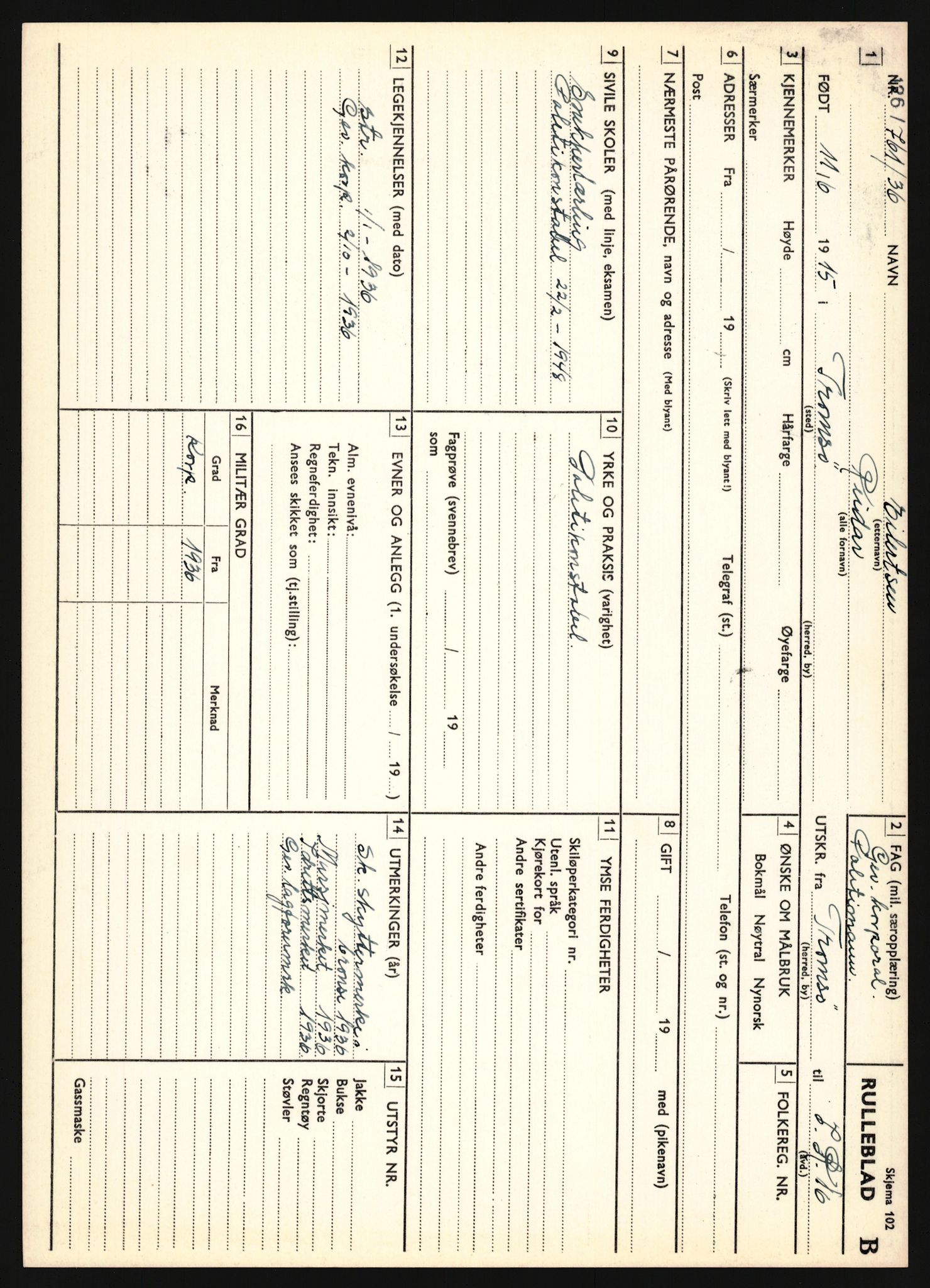 Forsvaret, Troms infanteriregiment nr. 16, AV/RA-RAFA-3146/P/Pa/L0020: Rulleblad for regimentets menige mannskaper, årsklasse 1936, 1936, p. 171