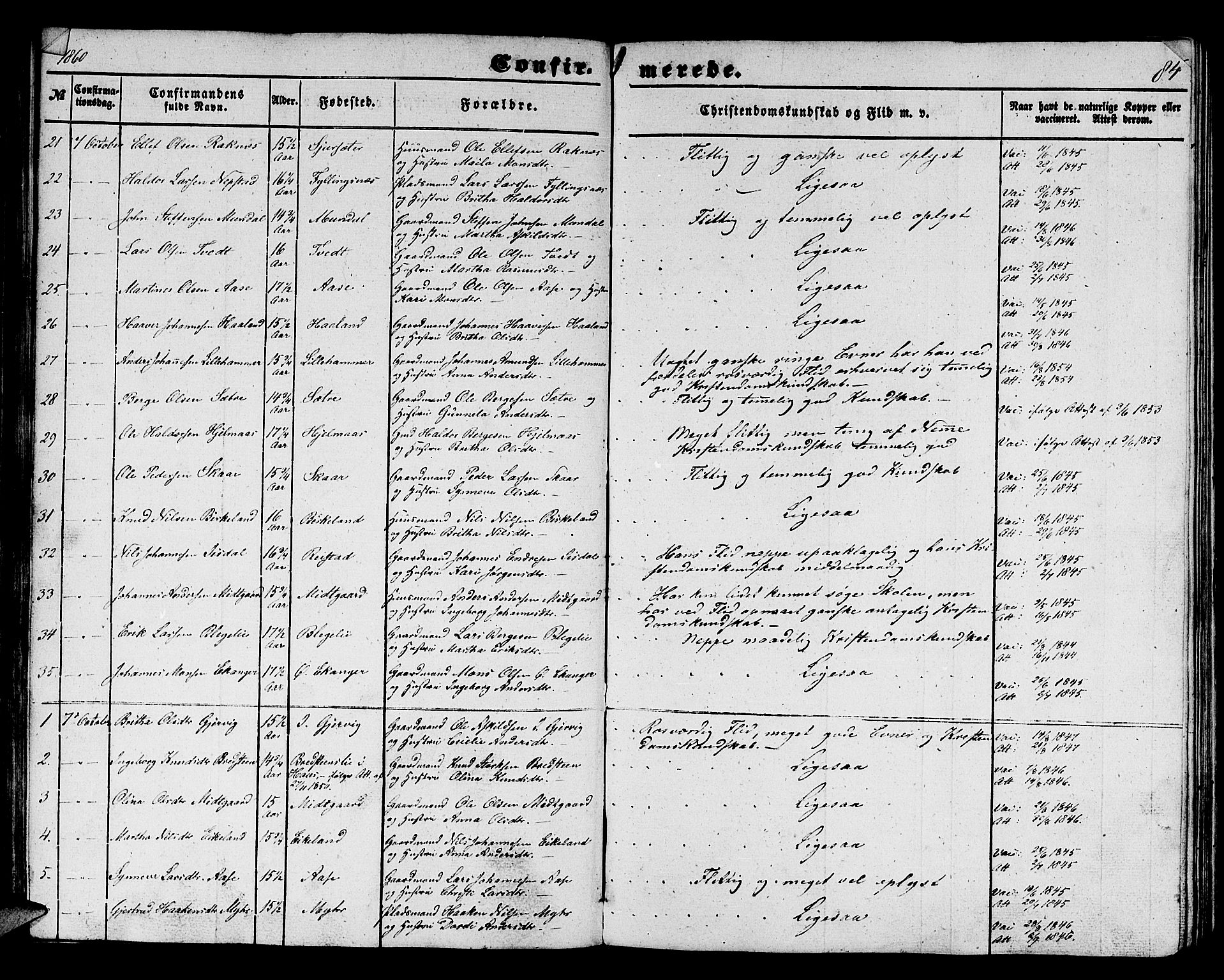 Hamre sokneprestembete, SAB/A-75501/H/Ha/Hab: Parish register (copy) no. B 1, 1852-1863, p. 84