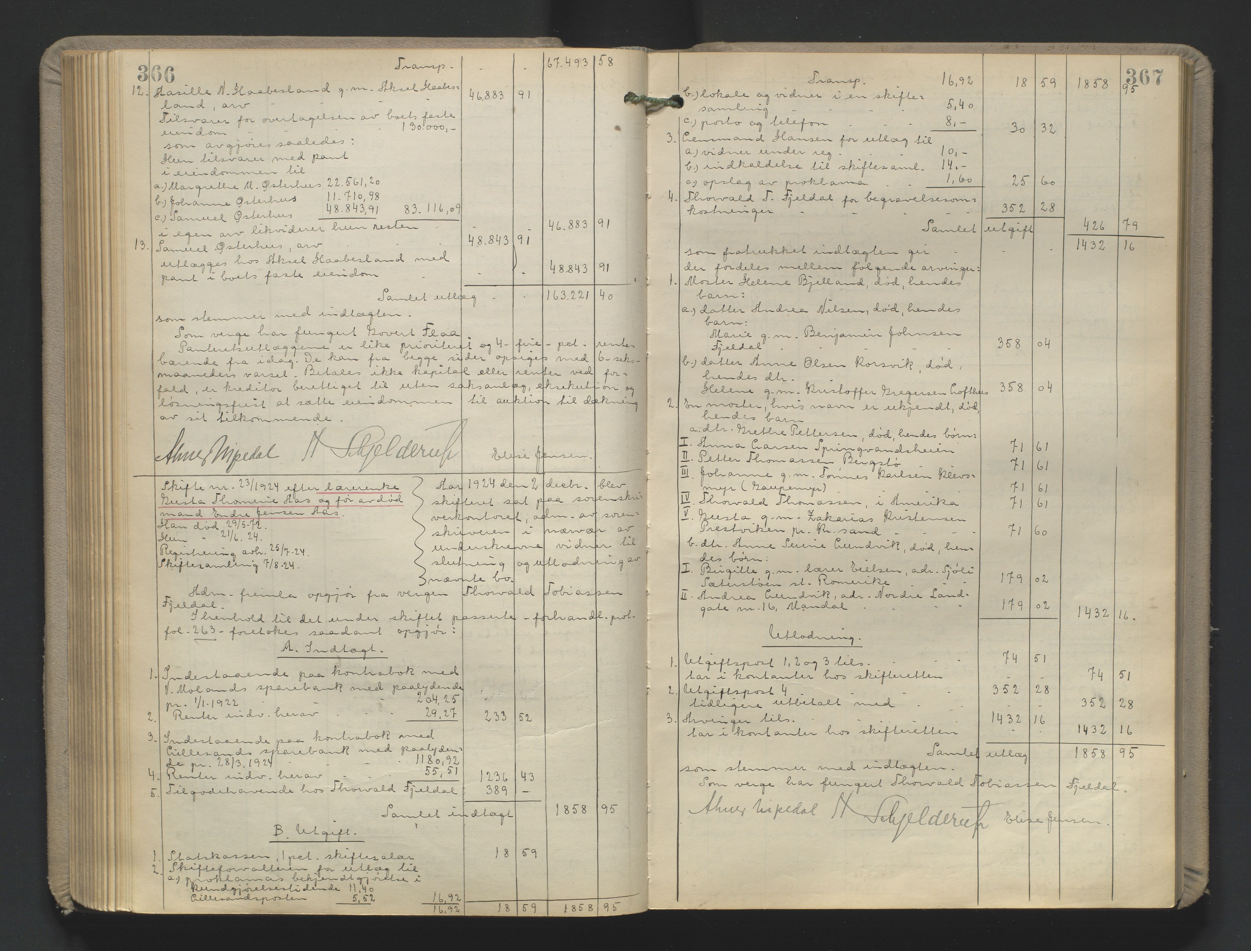 Vestre Nedenes/Sand sorenskriveri, AV/SAK-1221-0010/H/Hc/L0022: Skifteutlodningsprotokoll nr. 9, 1919-1932, p. 366-367