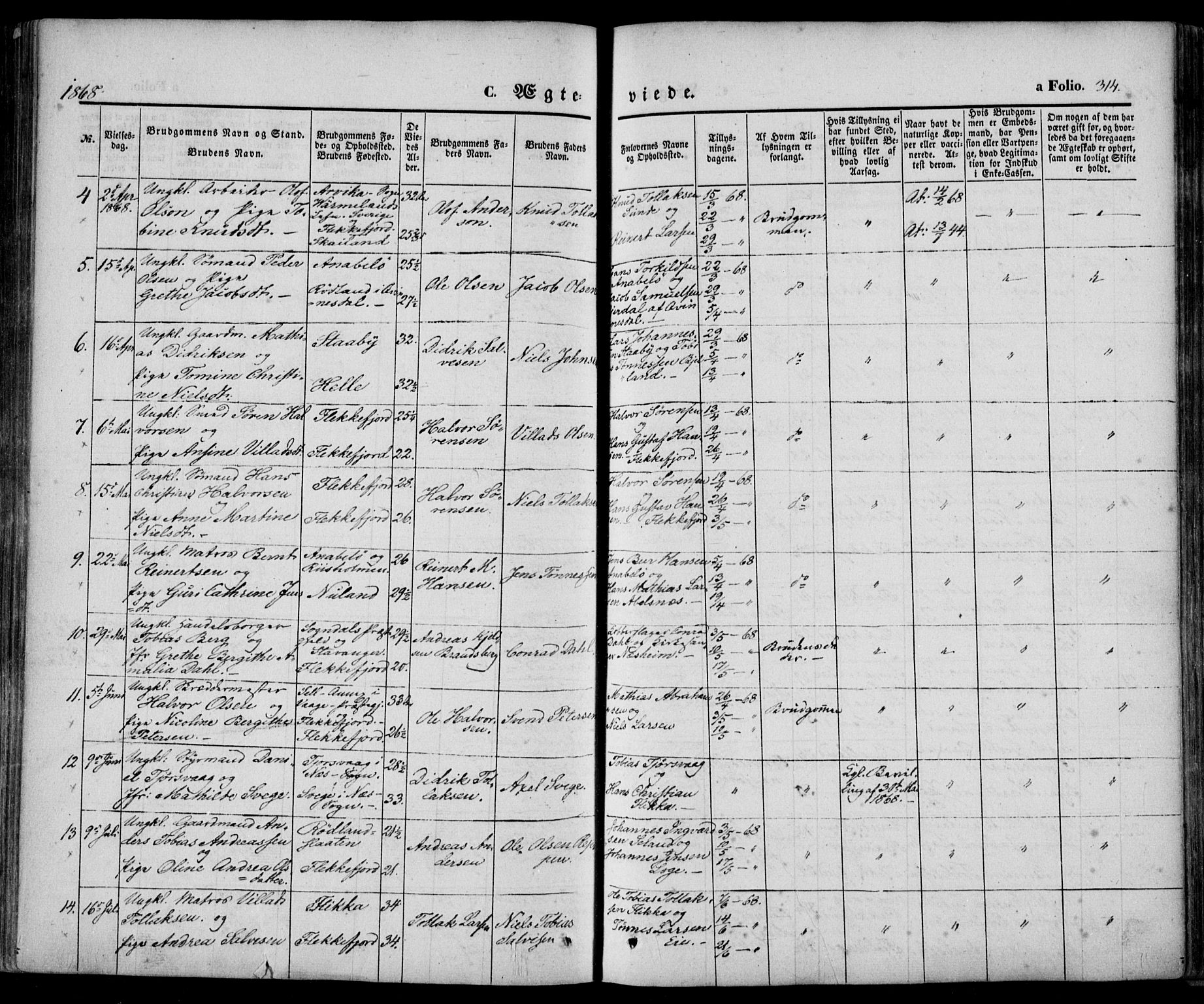 Flekkefjord sokneprestkontor, AV/SAK-1111-0012/F/Fa/Fac/L0005: Parish register (official) no. A 5, 1849-1875, p. 314