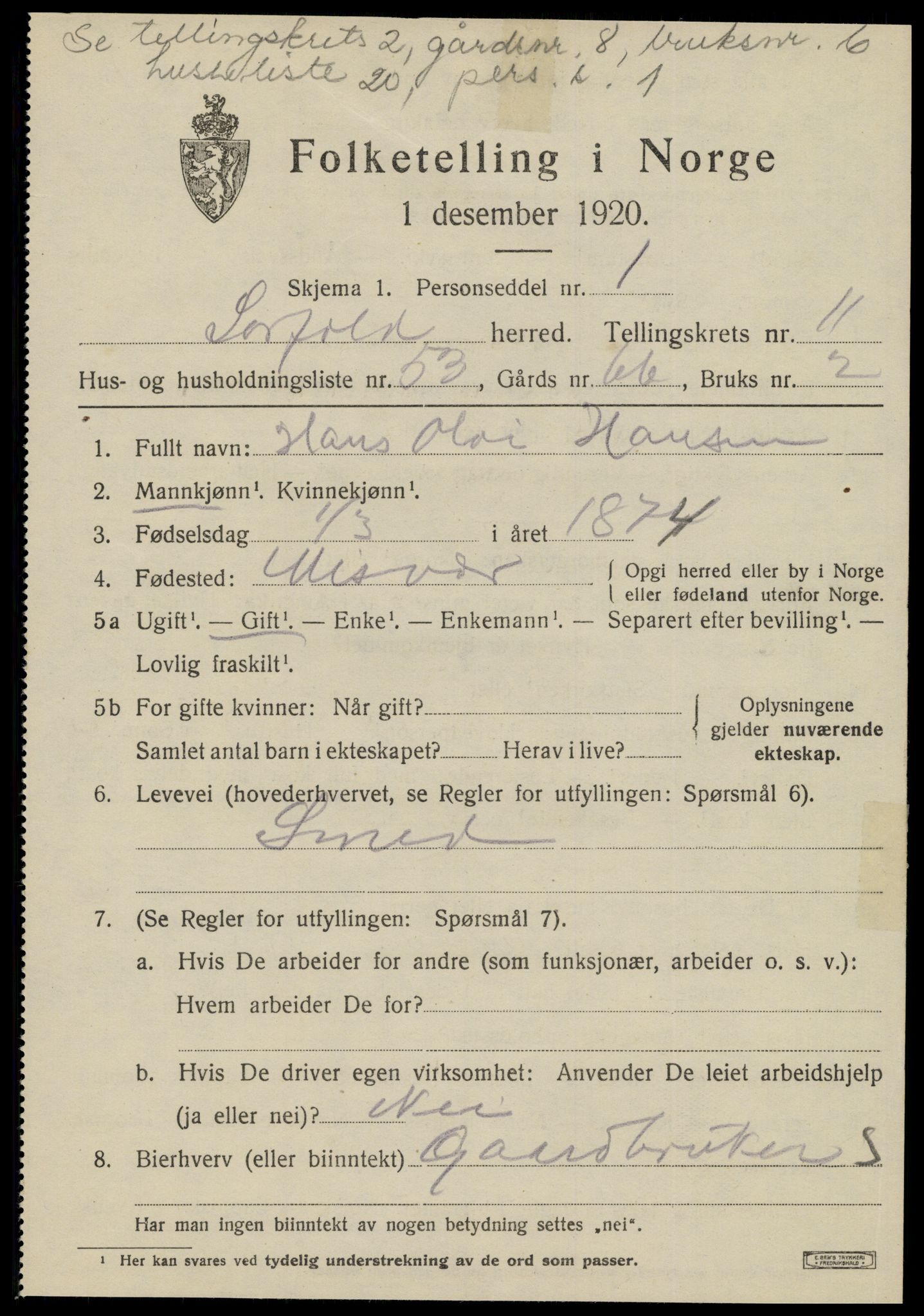 SAT, 1920 census for Sørfold, 1920, p. 6207