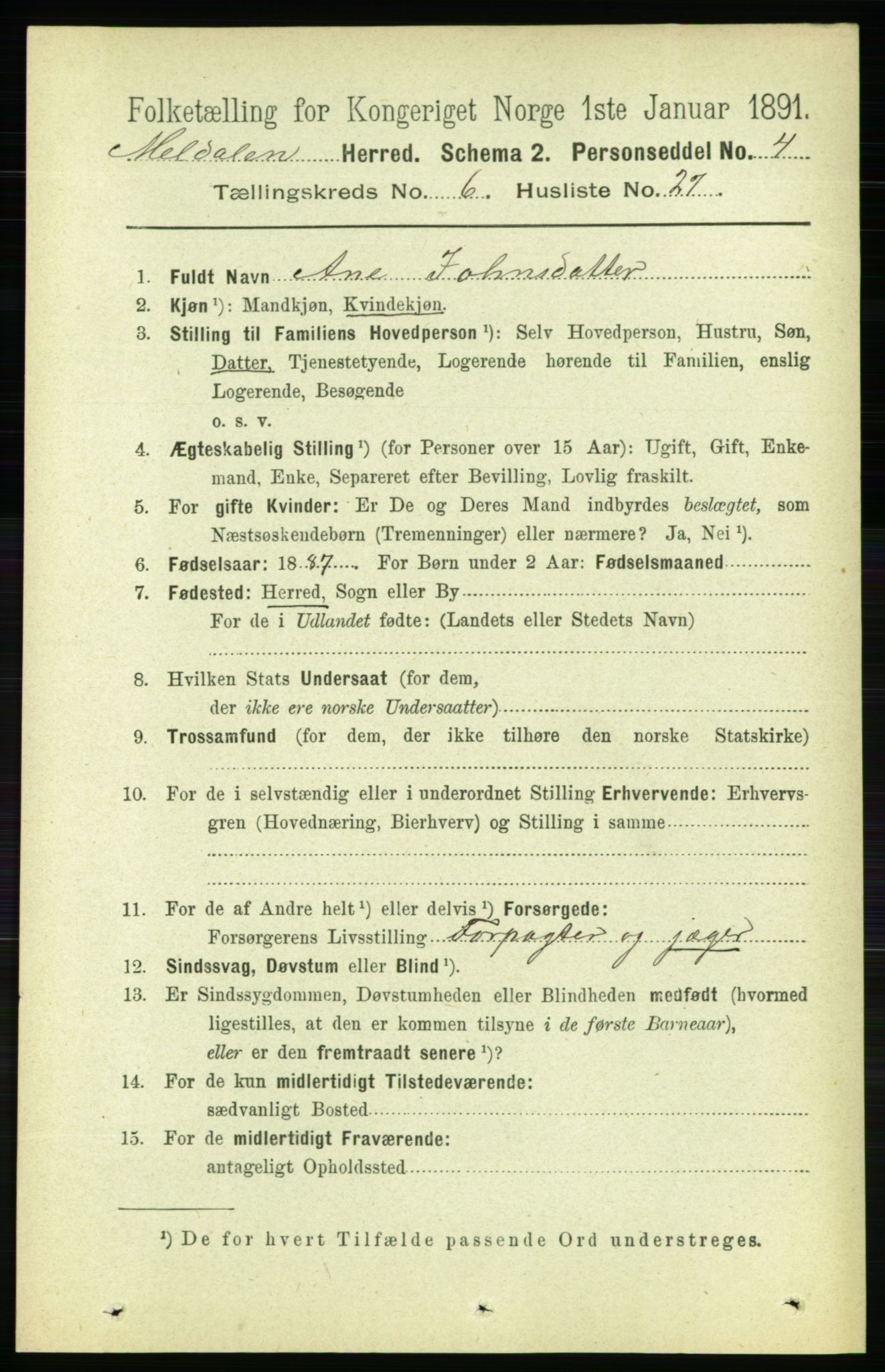 RA, 1891 census for 1636 Meldal, 1891, p. 3032