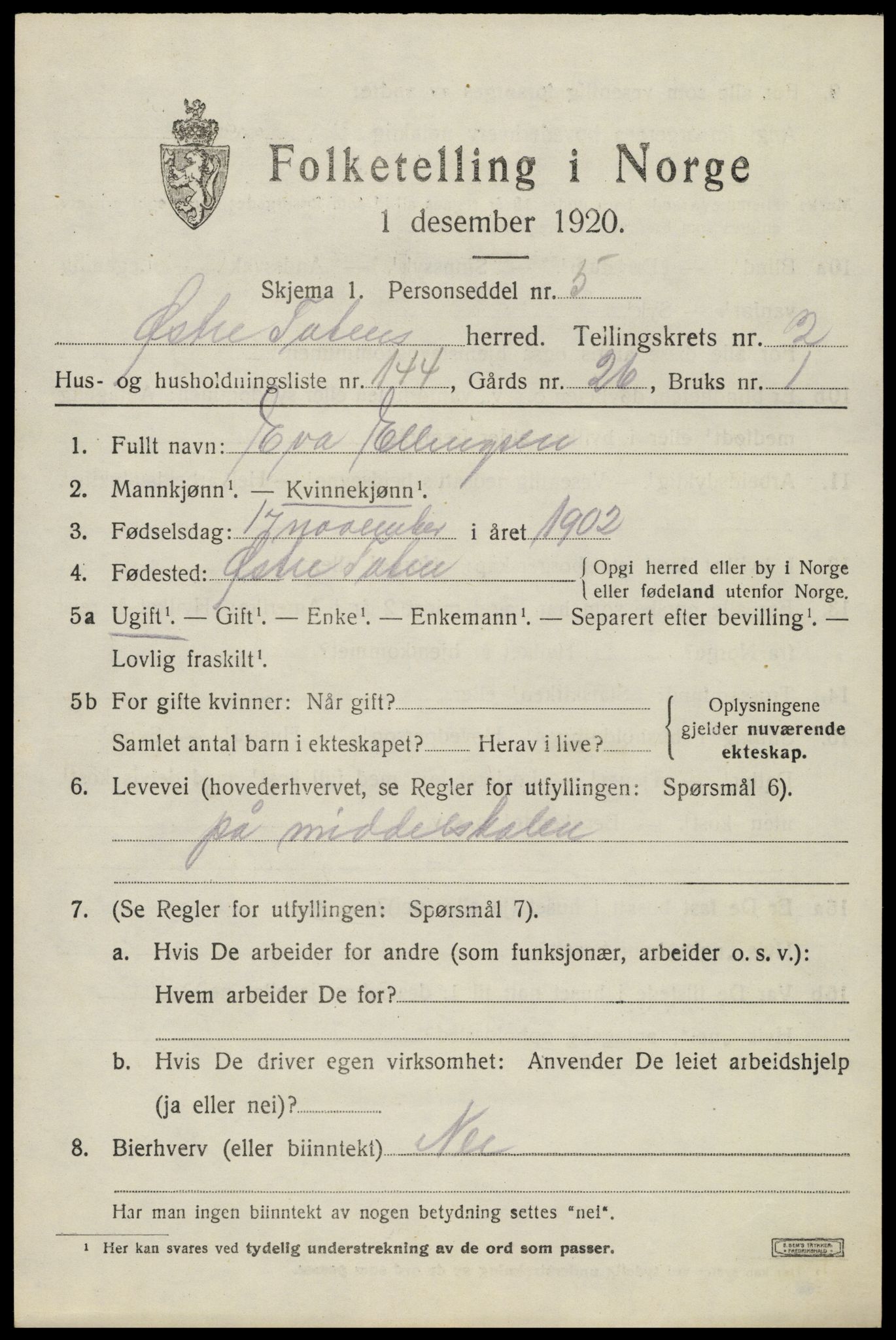 SAH, 1920 census for Østre Toten, 1920, p. 5874