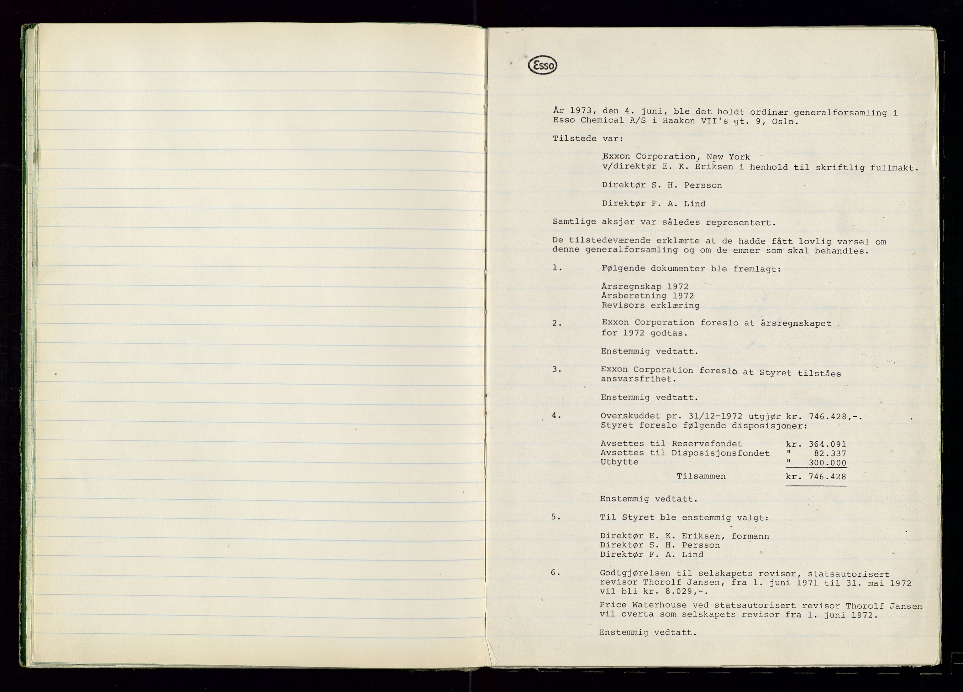 PA 1538 - Exxon Chemical Norge A/S, AV/SAST-A-101958/A/Aa/L0001/0002: Generalforsamlinger og styreprotokoller / Protokoll for generalforsamlinger, 1966-1996