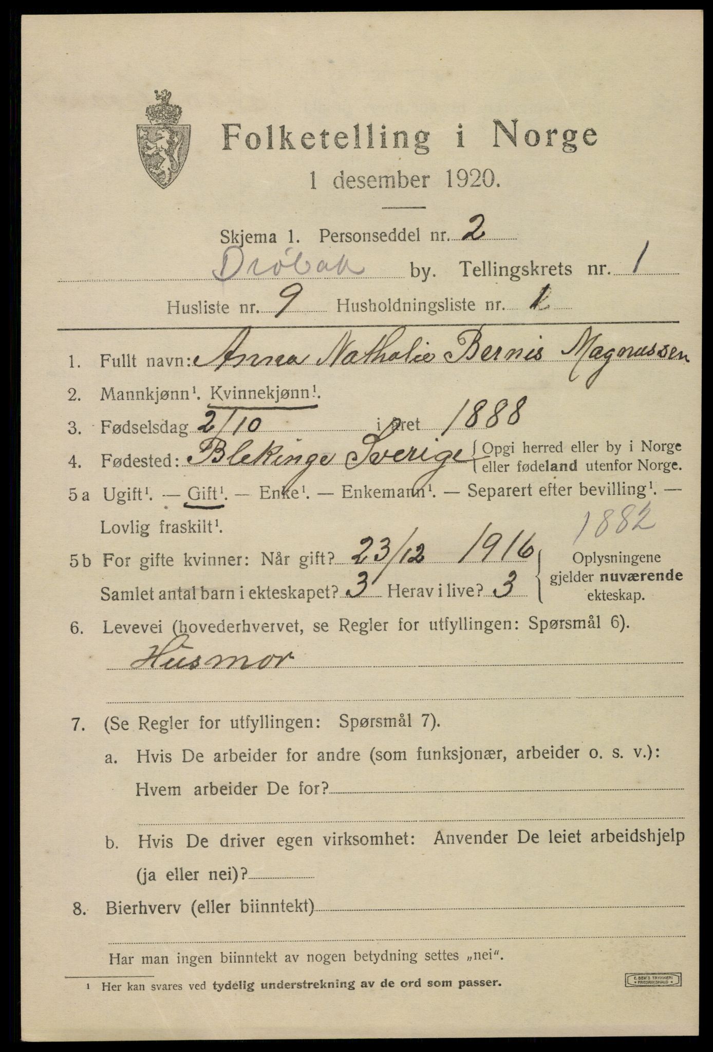 SAO, 1920 census for Drøbak, 1920, p. 2089