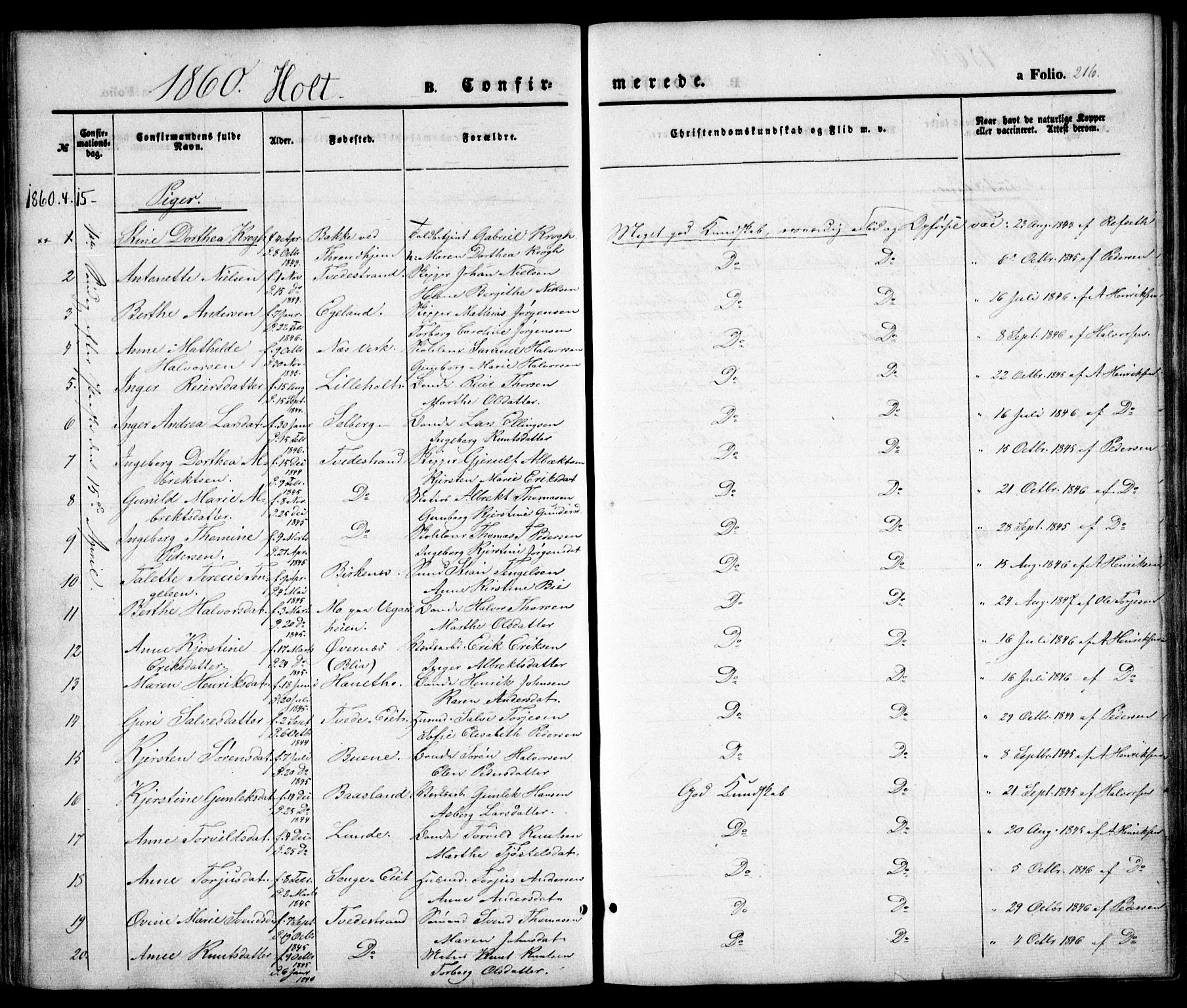 Holt sokneprestkontor, AV/SAK-1111-0021/F/Fa/L0008: Parish register (official) no. A 8, 1849-1860, p. 216