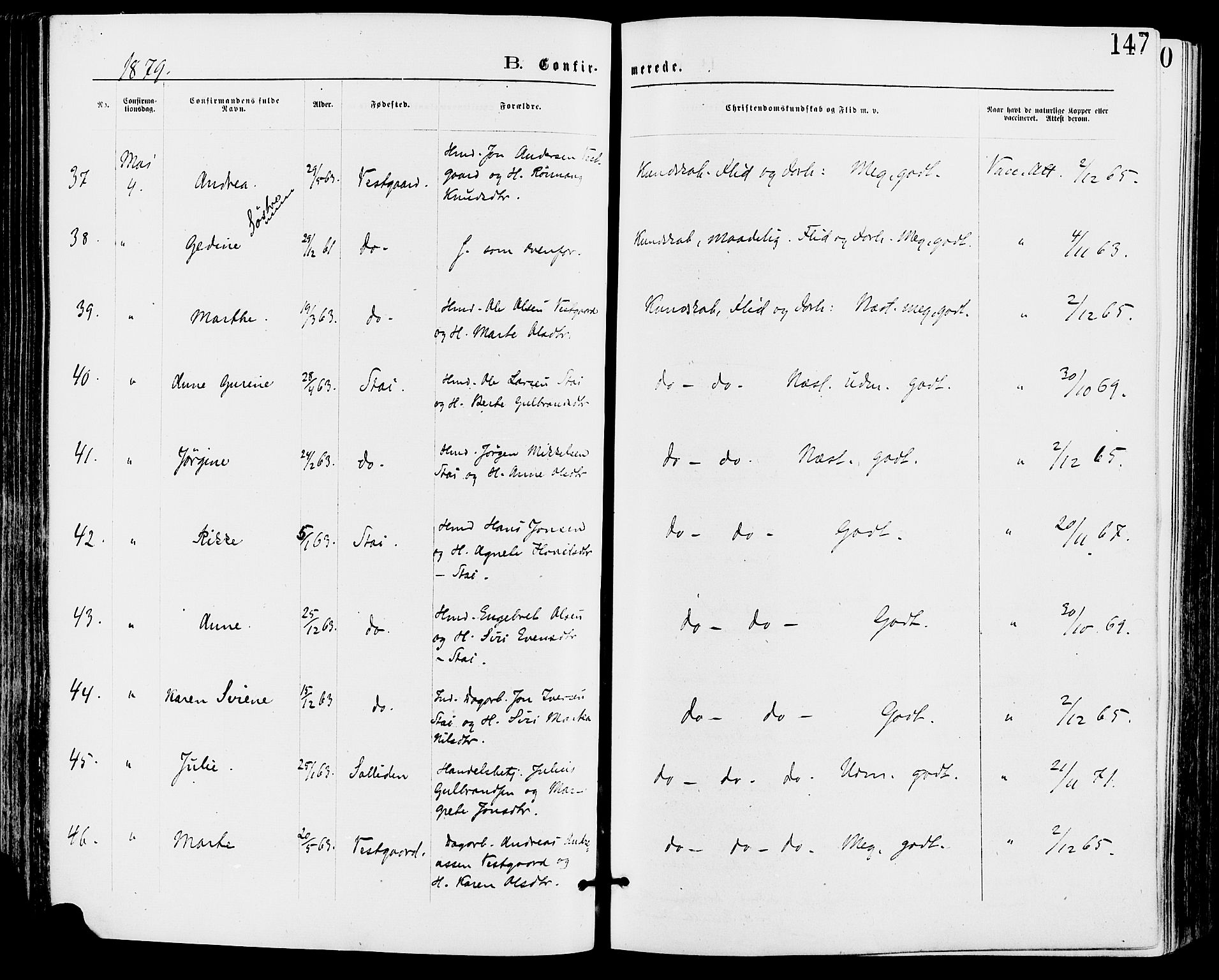 Stor-Elvdal prestekontor, SAH/PREST-052/H/Ha/Haa/L0001: Parish register (official) no. 1, 1871-1882, p. 147