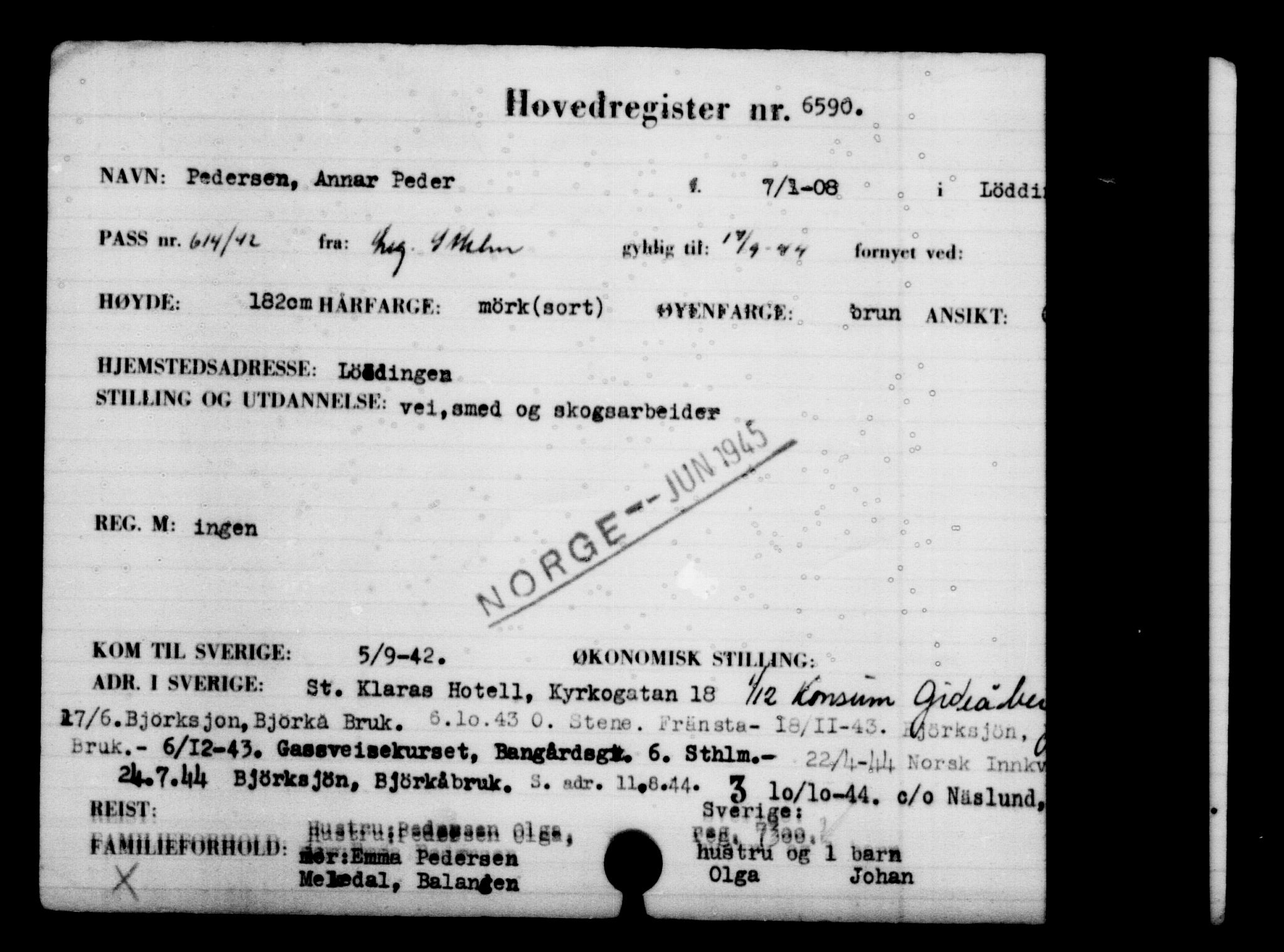 Utenriksstasjonene, Legasjonen i Stockholm, Flyktningkontoret, AV/RA-S-6753/V/Va/L0004: Kjesäterkartoteket, flyktninger med registreringsnr. 3496-6610, 1940-1945, p. 3657