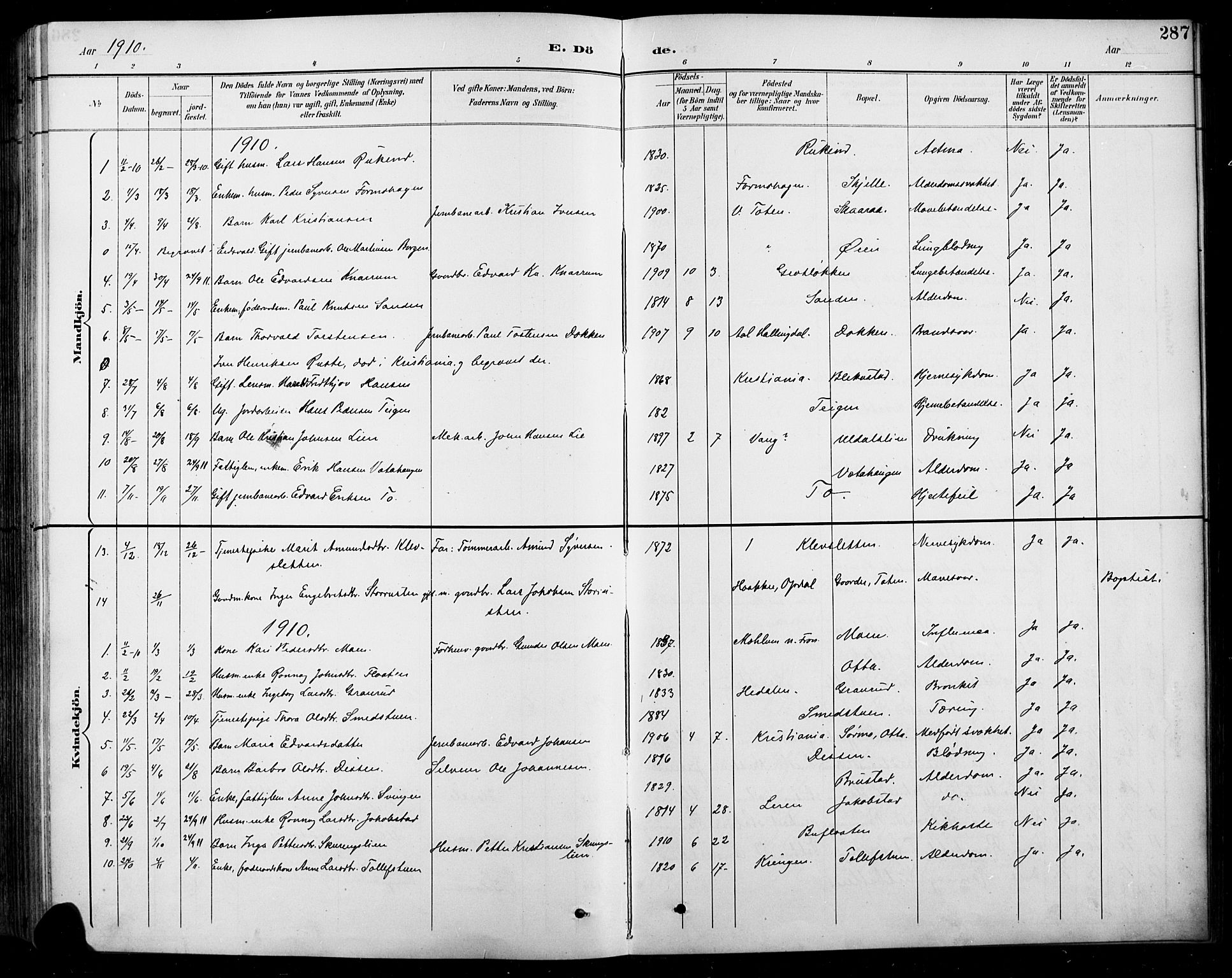 Sel prestekontor, SAH/PREST-074/H/Ha/Hab/L0001: Parish register (copy) no. 1, 1894-1923, p. 287
