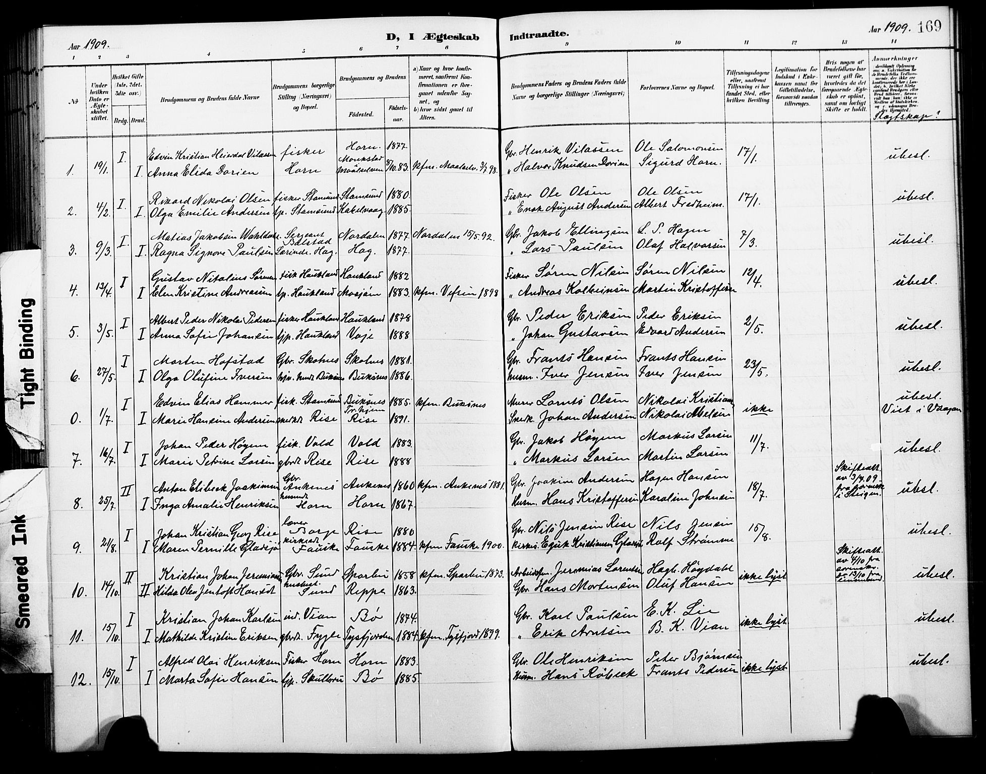 Ministerialprotokoller, klokkerbøker og fødselsregistre - Nordland, AV/SAT-A-1459/881/L1168: Parish register (copy) no. 881C05, 1900-1911, p. 169