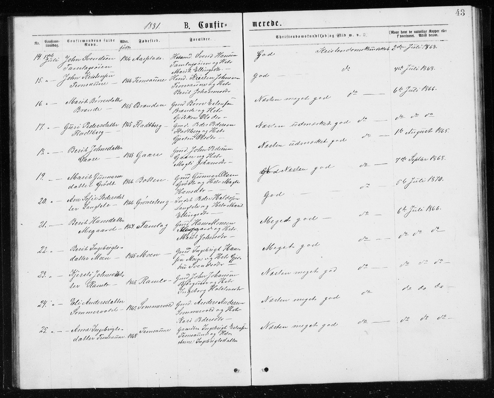 Ministerialprotokoller, klokkerbøker og fødselsregistre - Sør-Trøndelag, SAT/A-1456/685/L0977: Parish register (copy) no. 685C02, 1879-1890, p. 43