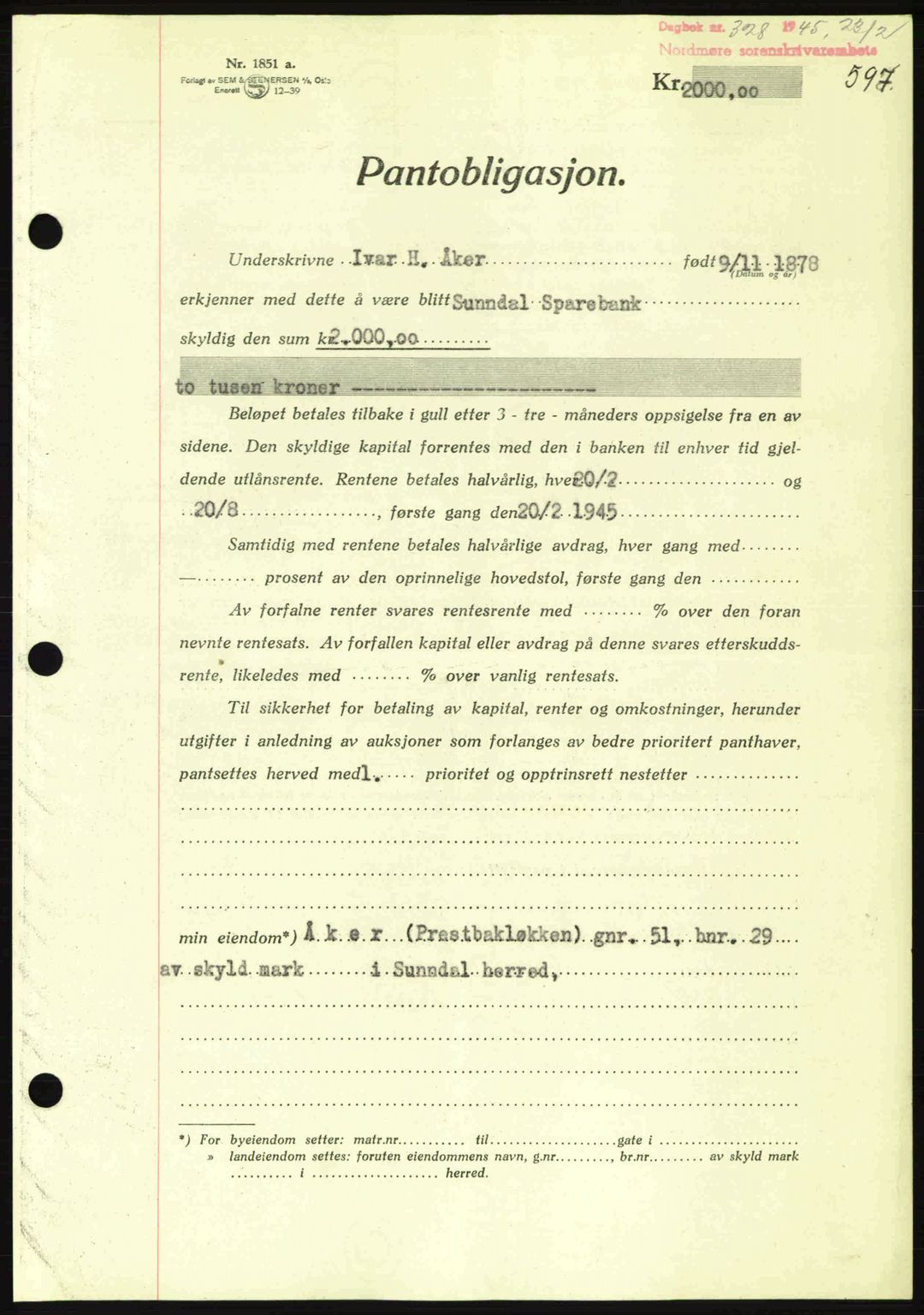 Nordmøre sorenskriveri, AV/SAT-A-4132/1/2/2Ca: Mortgage book no. B92, 1944-1945, Diary no: : 328/1945