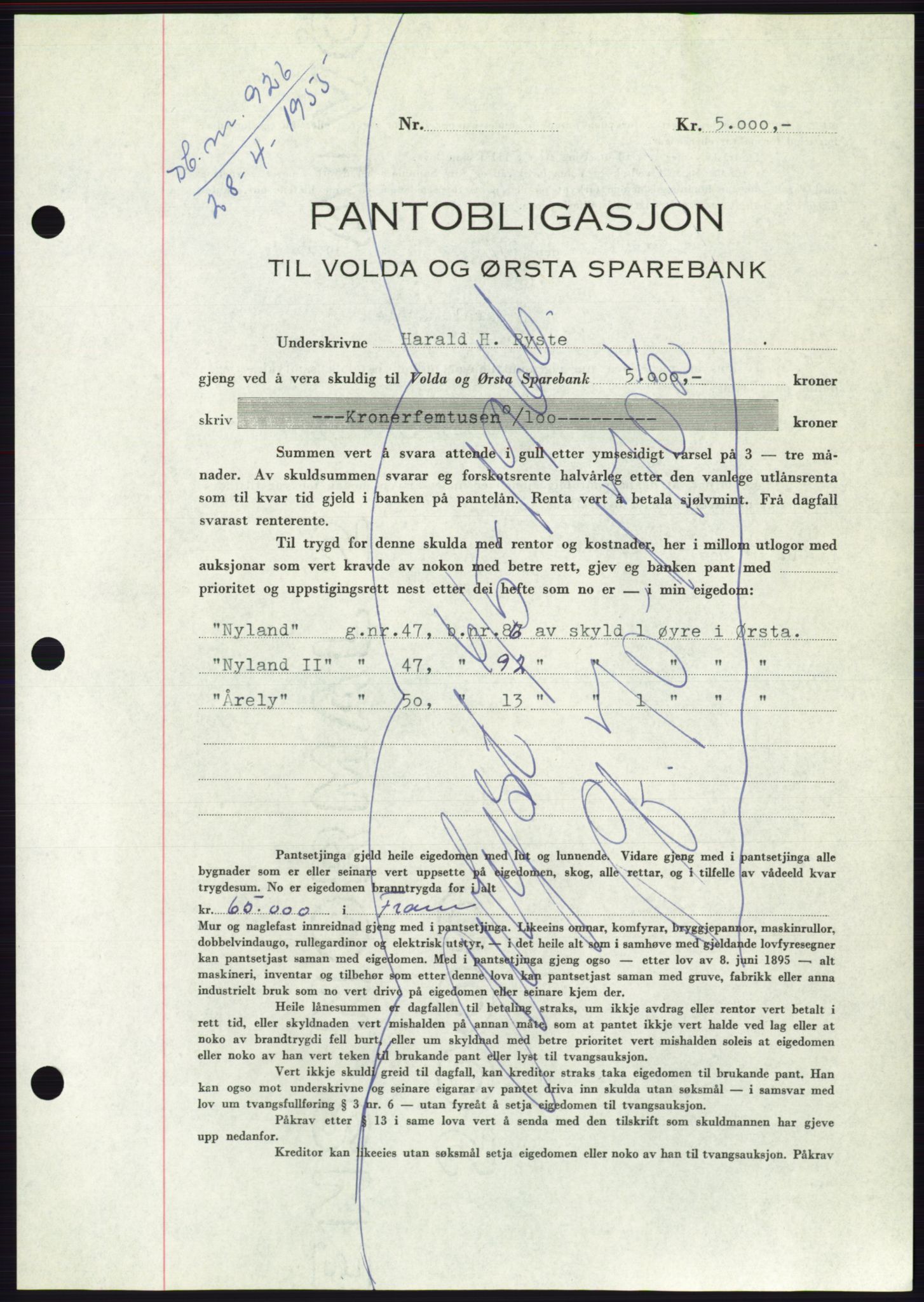 Søre Sunnmøre sorenskriveri, AV/SAT-A-4122/1/2/2C/L0126: Mortgage book no. 14B, 1954-1955, Diary no: : 926/1955