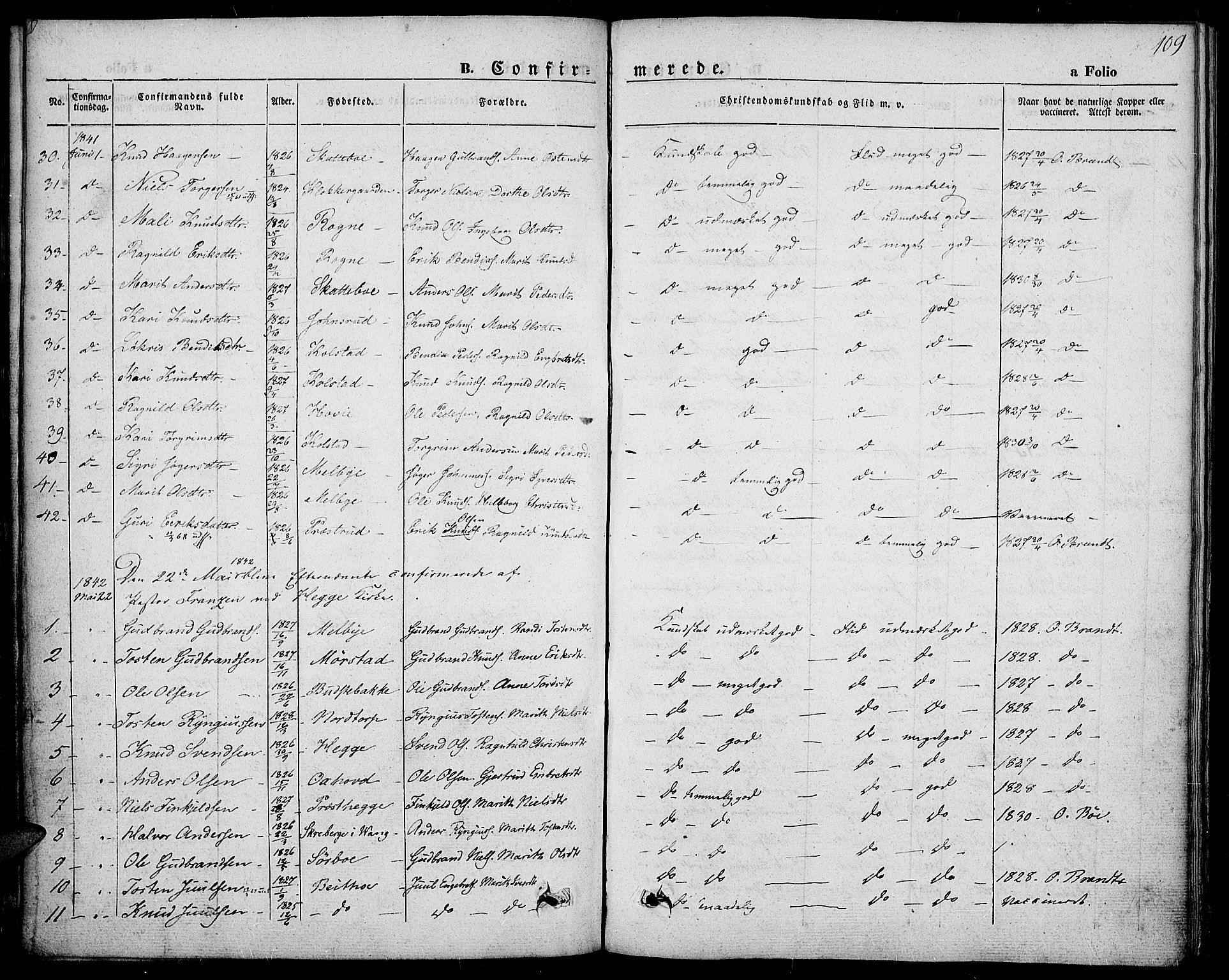Slidre prestekontor, SAH/PREST-134/H/Ha/Haa/L0004: Parish register (official) no. 4, 1831-1848, p. 109