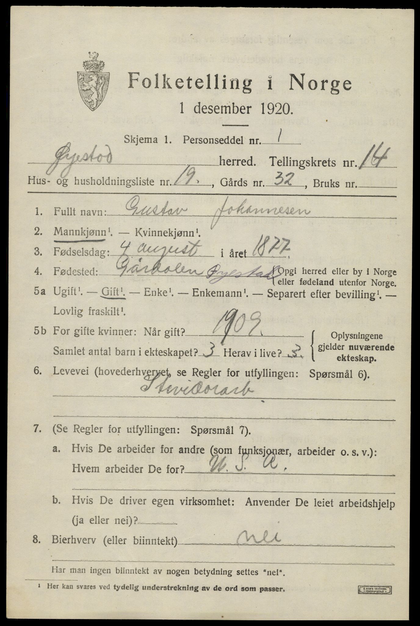 SAK, 1920 census for Øyestad, 1920, p. 9422