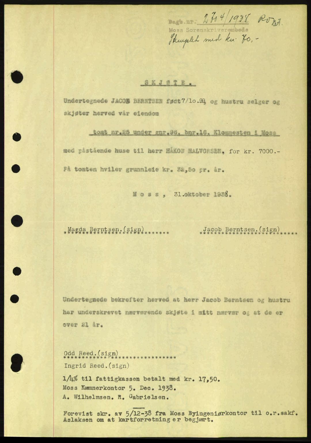 Moss sorenskriveri, SAO/A-10168: Mortgage book no. A5, 1938-1939, Diary no: : 2704/1938