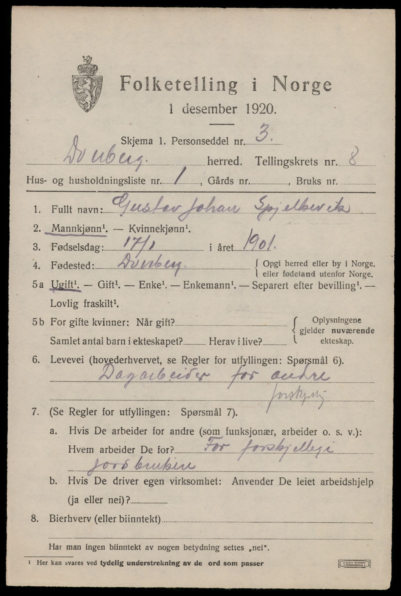 SAT, 1920 census for Dverberg, 1920, p. 7116