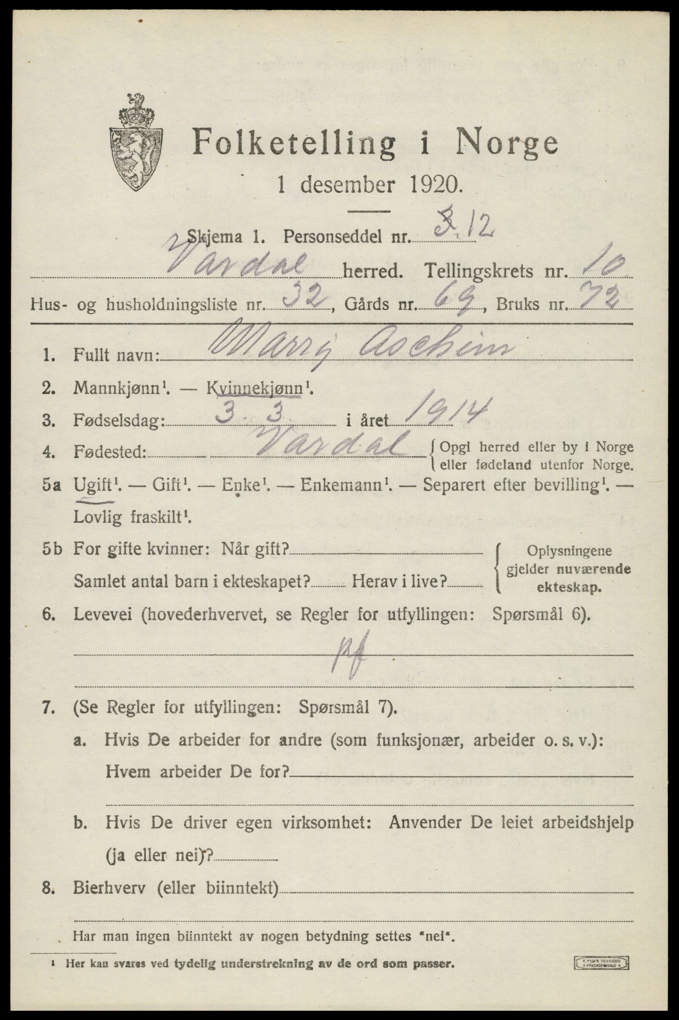 SAH, 1920 census for Vardal, 1920, p. 9027