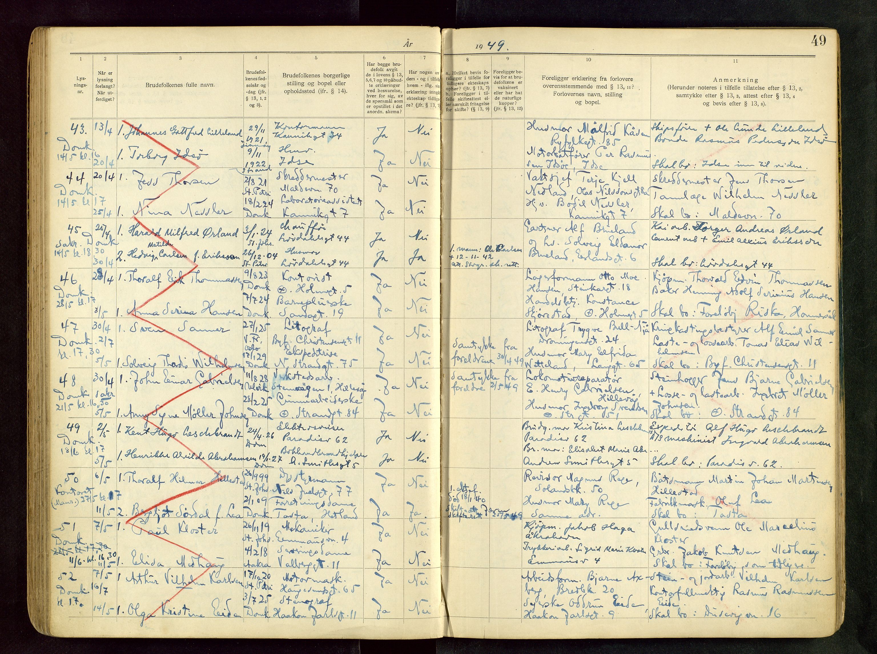 Domkirken sokneprestkontor, AV/SAST-A-101812/001/70/705BB/L0004: Banns register no. 4, 1943-1951, p. 49