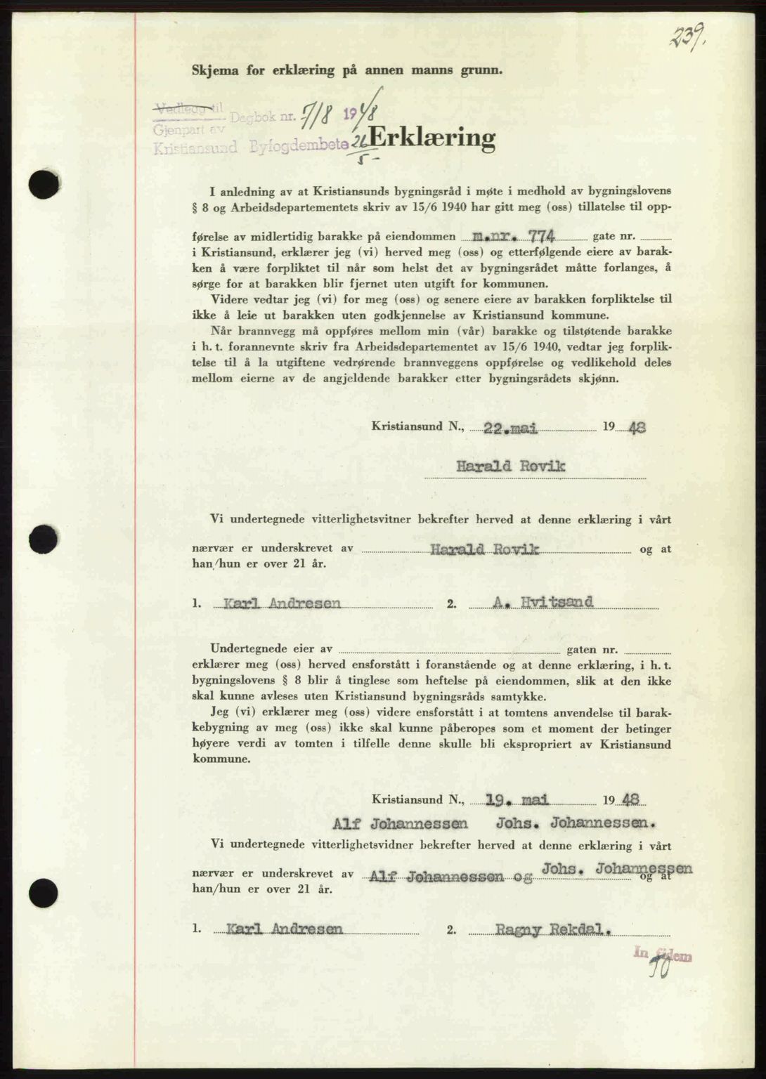 Kristiansund byfogd, AV/SAT-A-4587/A/27: Mortgage book no. 44, 1947-1948, Diary no: : 718/1948