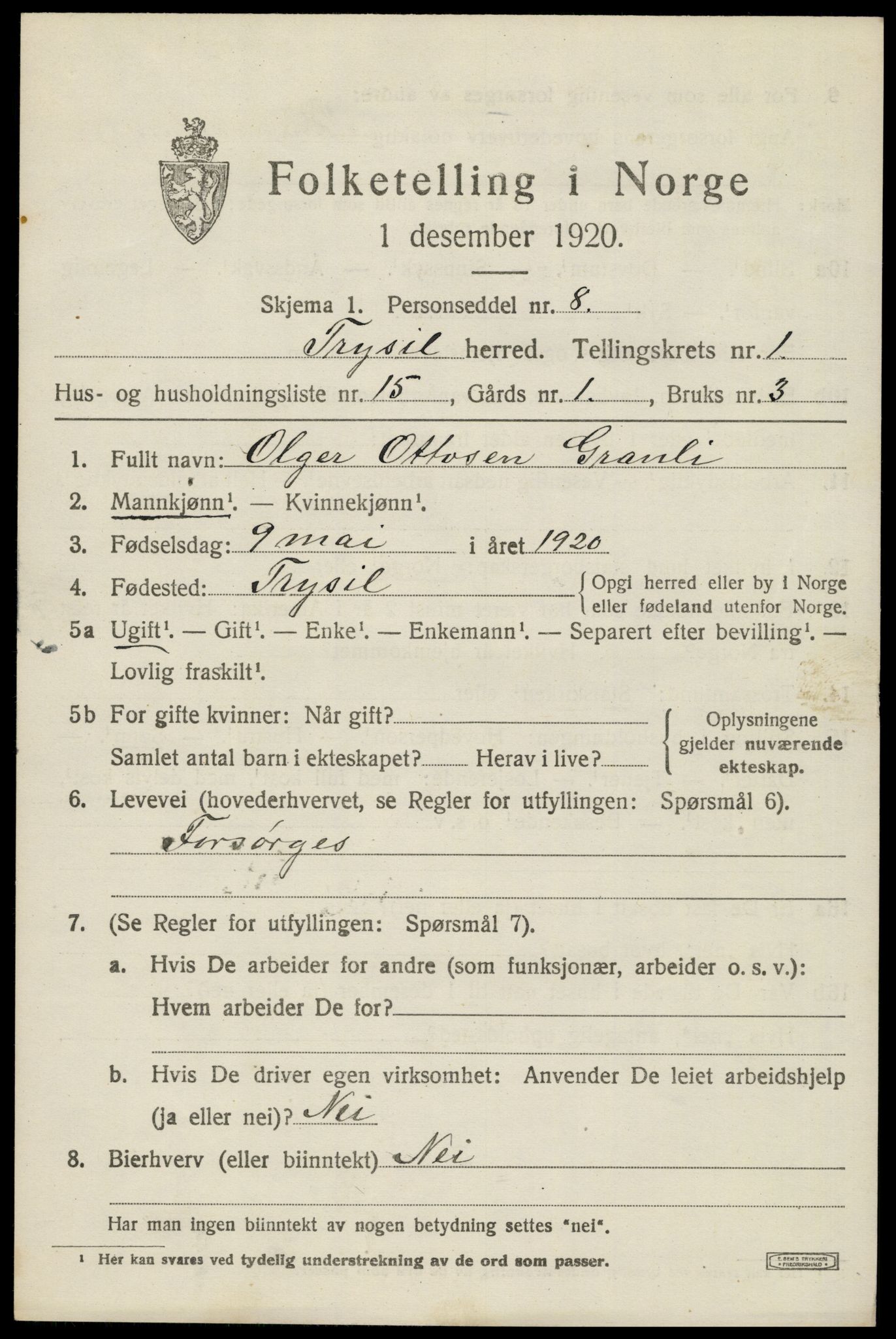 SAH, 1920 census for Trysil, 1920, p. 2739