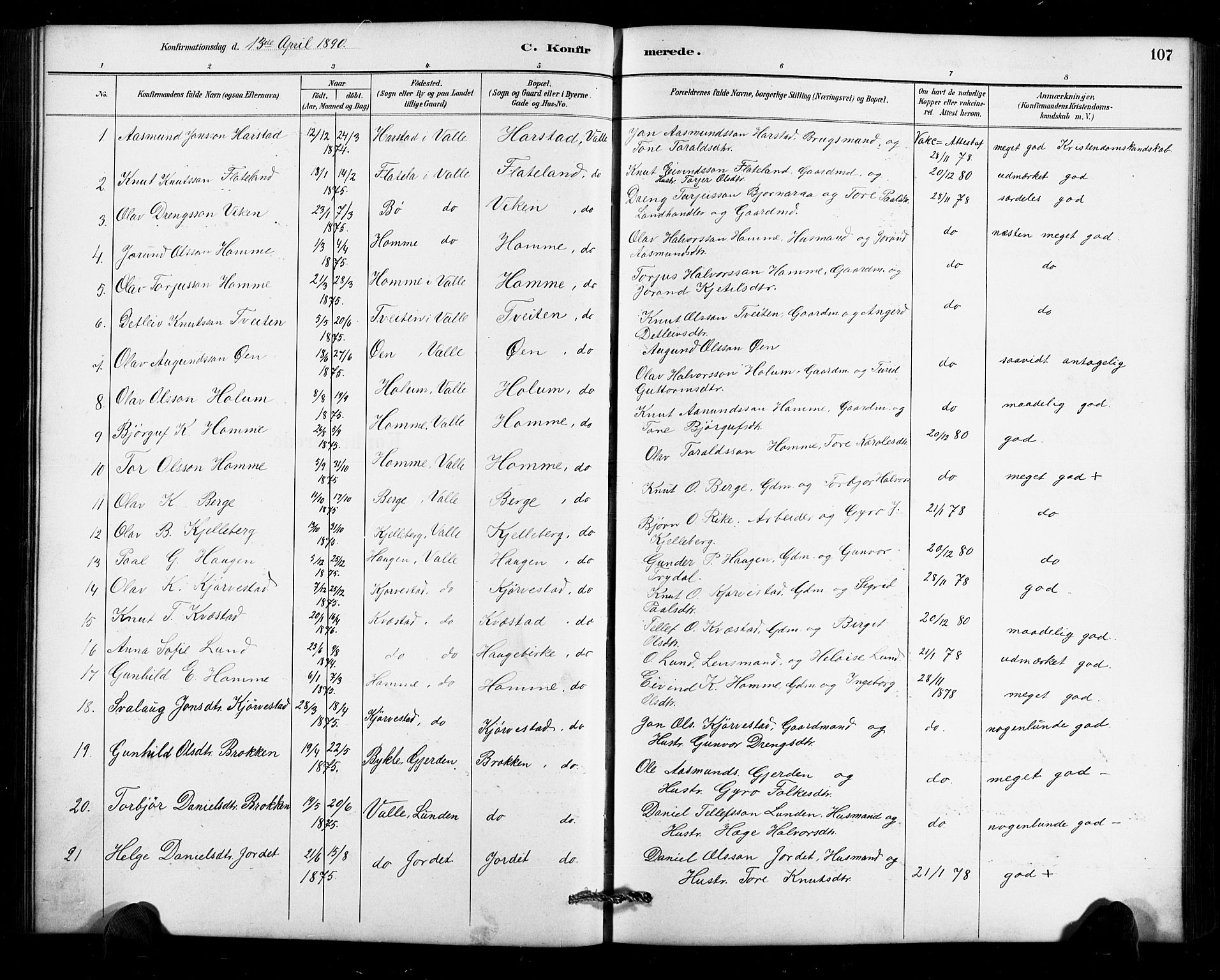 Valle sokneprestkontor, SAK/1111-0044/F/Fb/Fbc/L0004: Parish register (copy) no. B 4, 1890-1928, p. 107