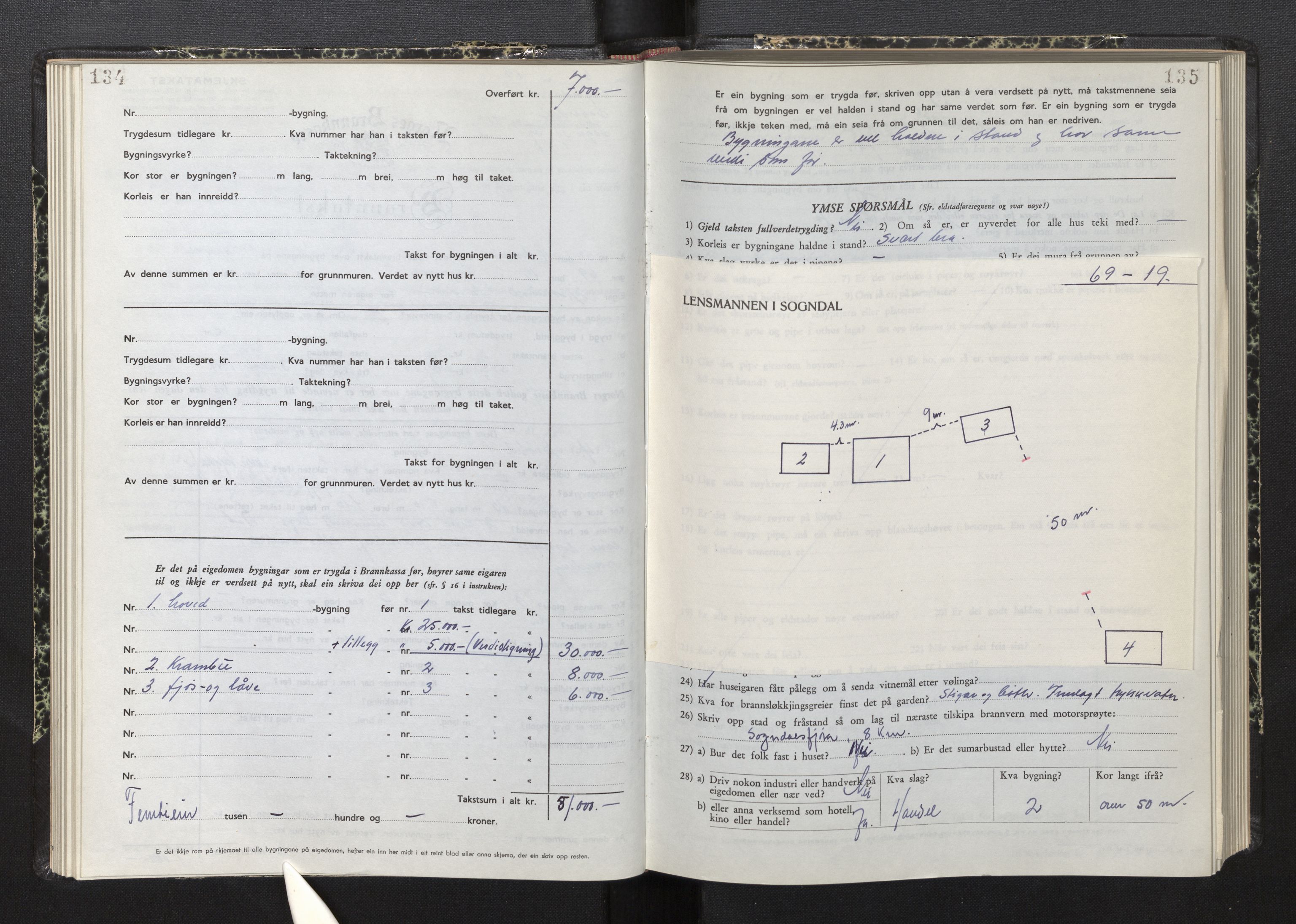 Lensmannen i Sogndal, AV/SAB-A-29901/0012/L0015: Branntakstprotokoll, skjematakst, 1950-1955, p. 134-135