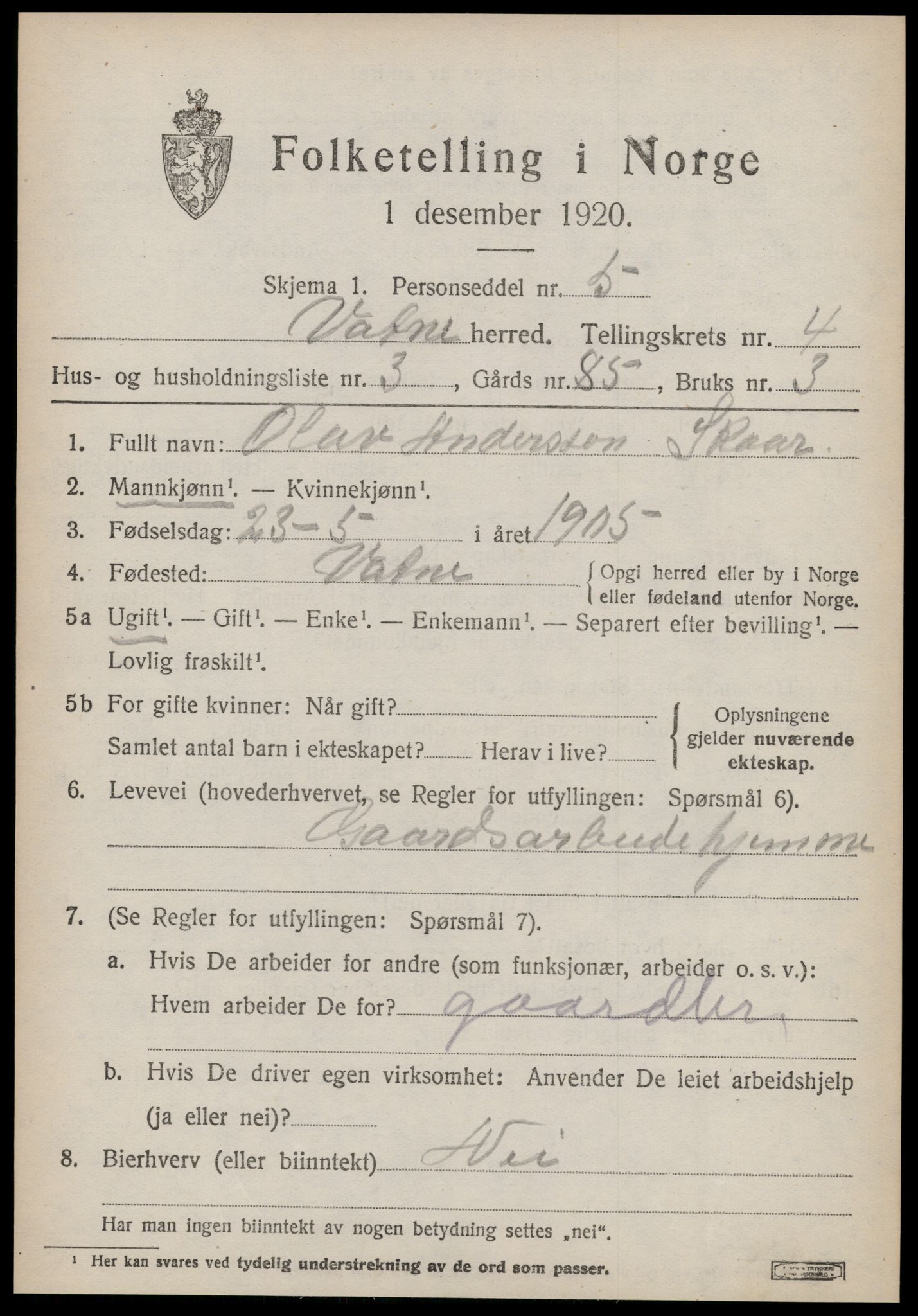 SAT, 1920 census for Vatne, 1920, p. 1846