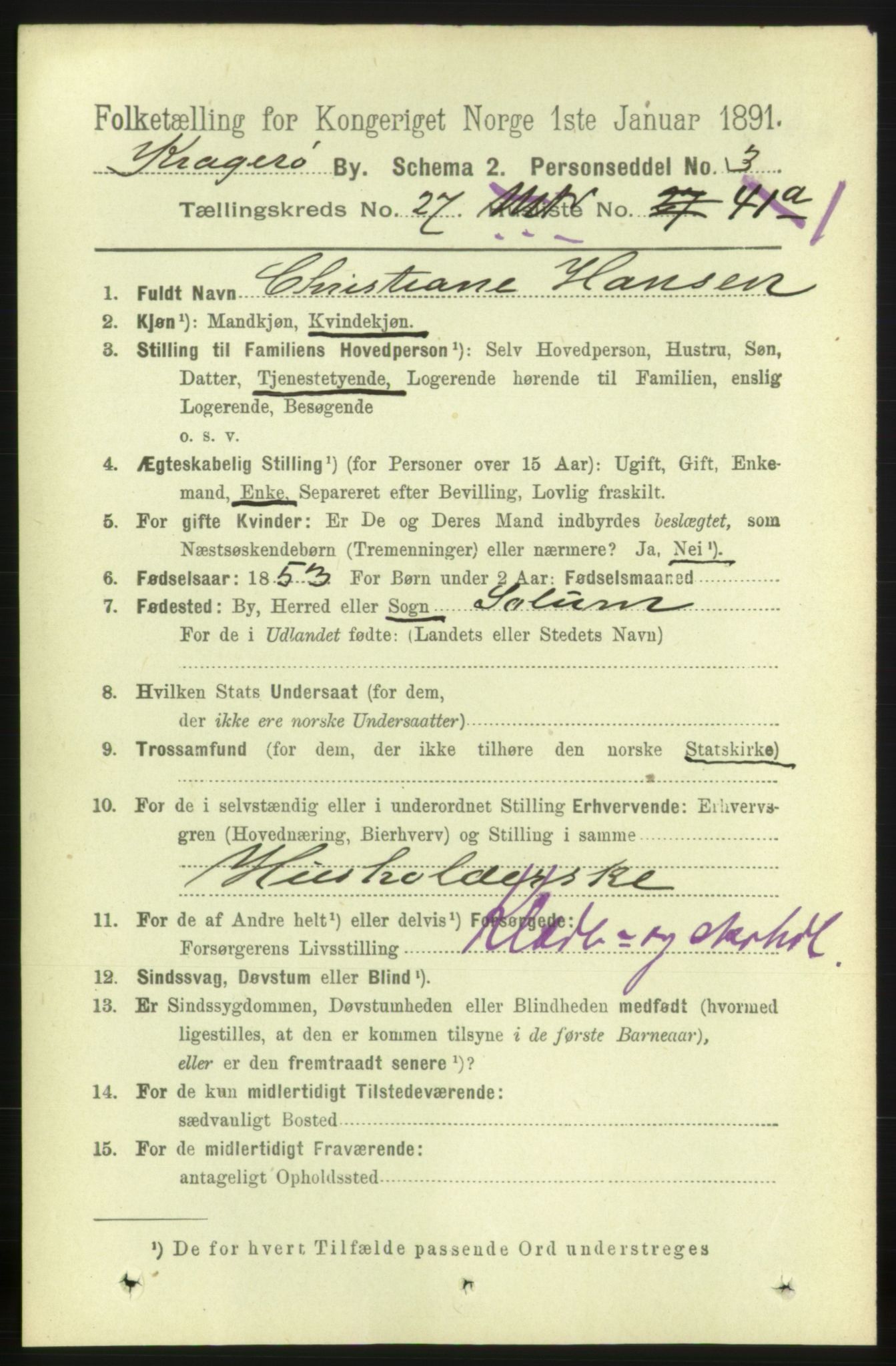 RA, 1891 census for 0801 Kragerø, 1891, p. 5292