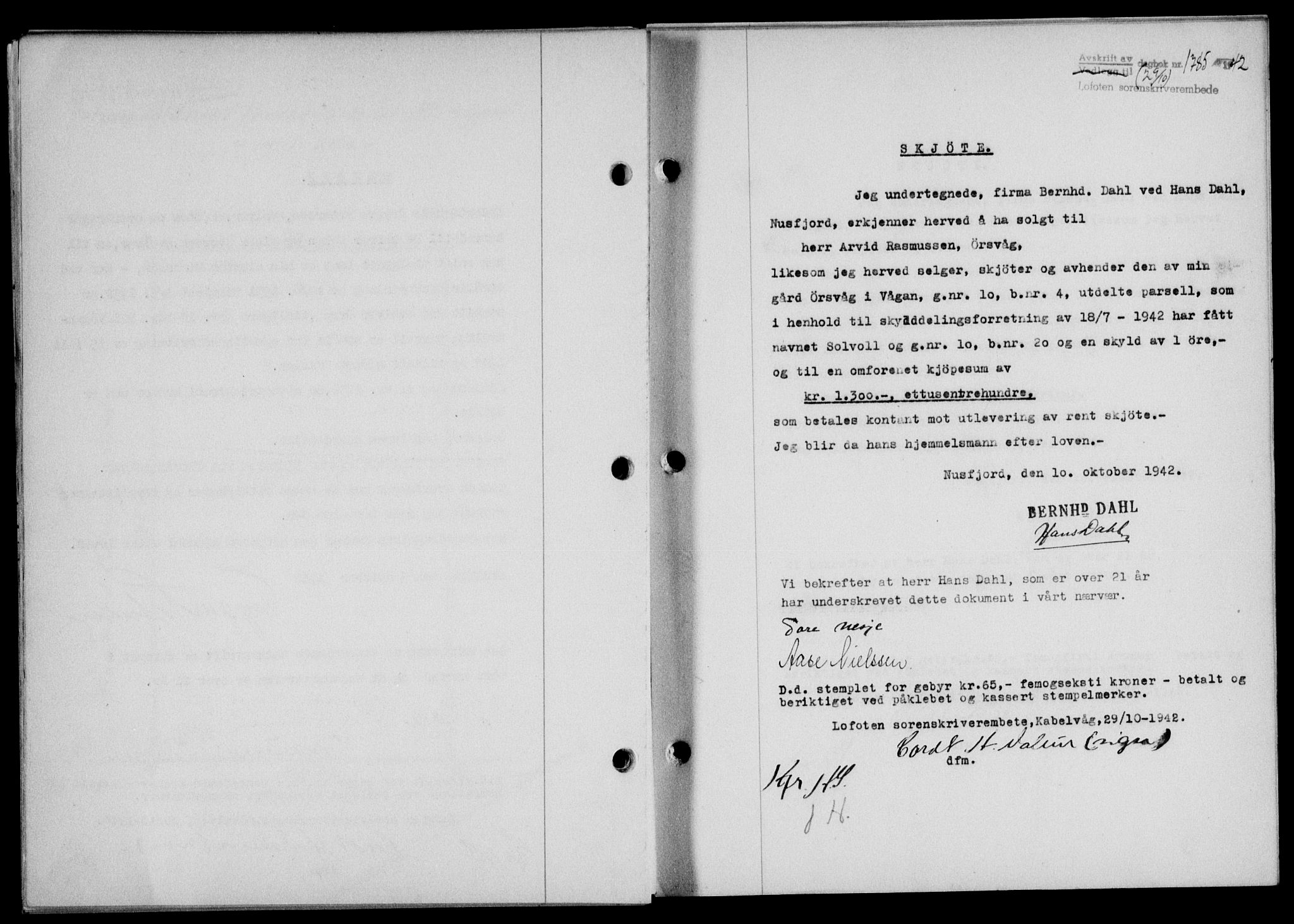 Lofoten sorenskriveri, SAT/A-0017/1/2/2C/L0010a: Mortgage book no. 10a, 1942-1943, Diary no: : 1785/1942