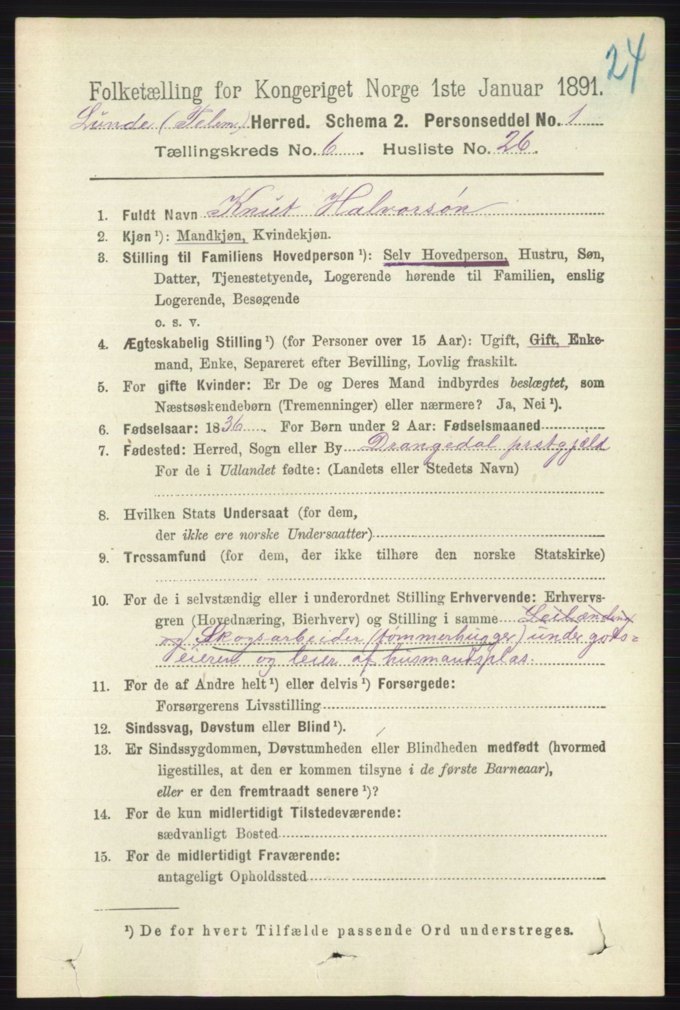 RA, 1891 census for 0820 Lunde, 1891, p. 2175