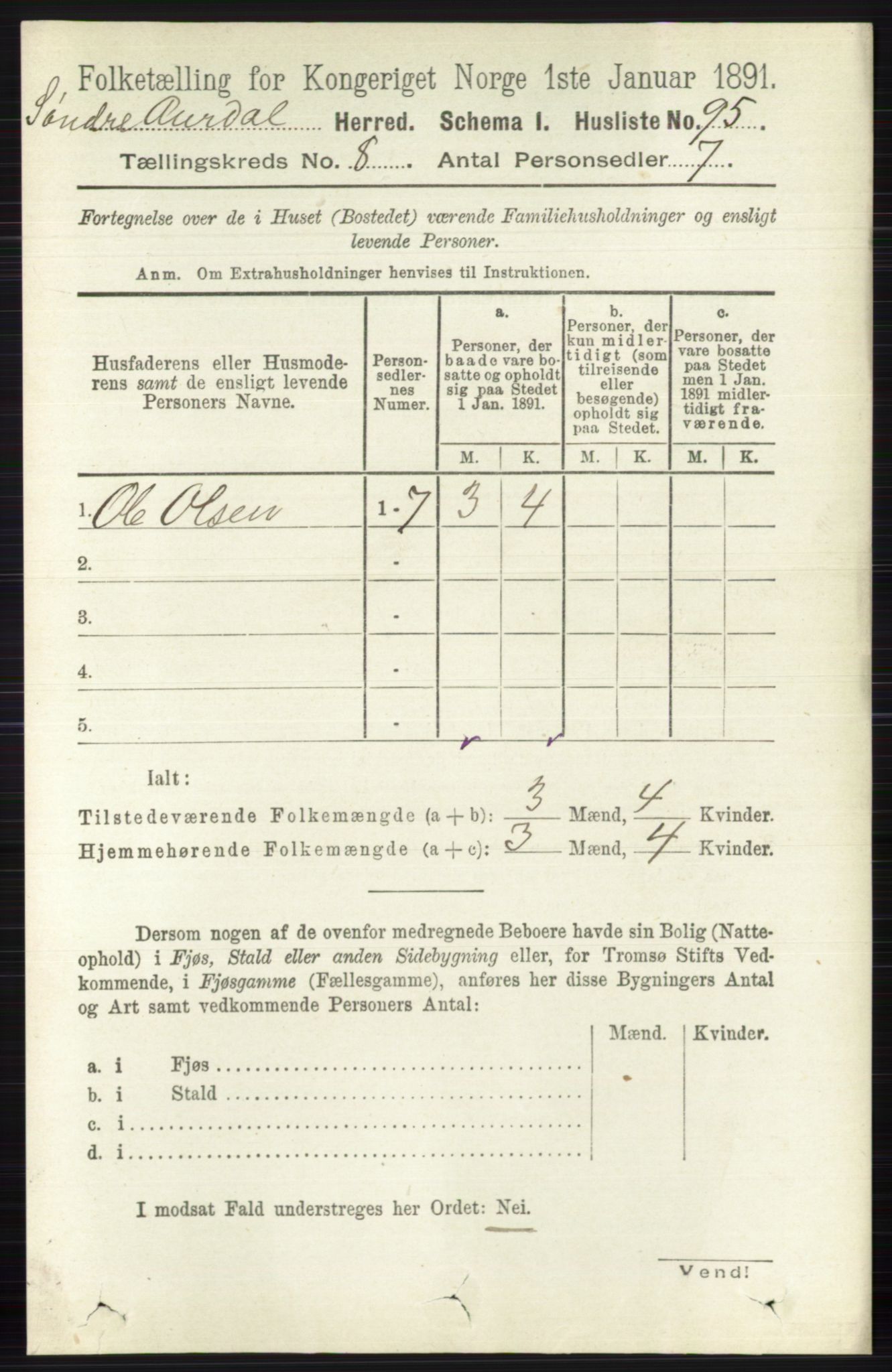 RA, 1891 census for 0540 Sør-Aurdal, 1891, p. 4845