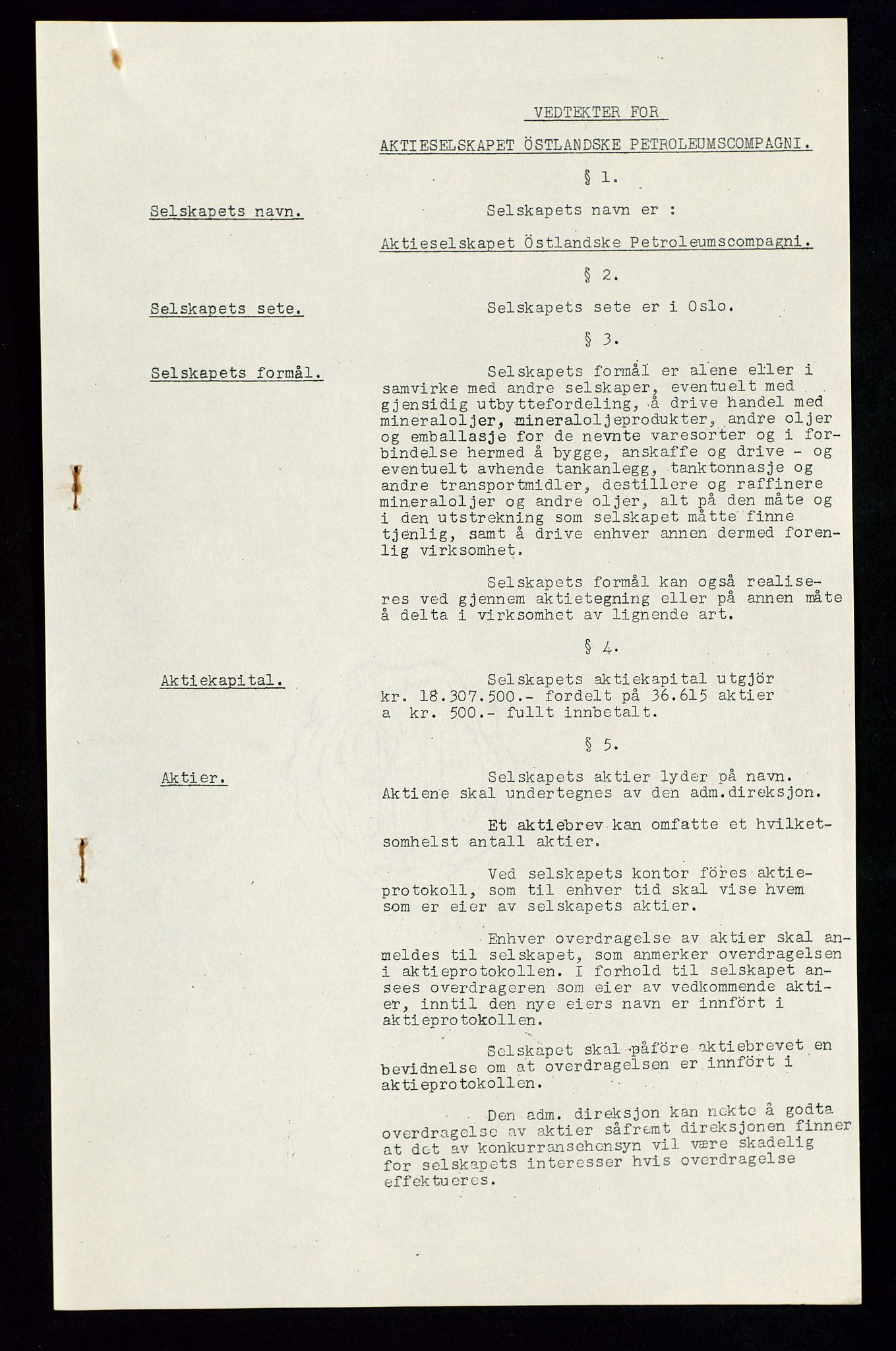 PA 1534 - Østlandske Petroleumscompagni A/S, AV/SAST-A-101954/A/Aa/L0002/0007: Generalforsamlinger. / Ekstraordinær generalforsamling, 1937, p. 5