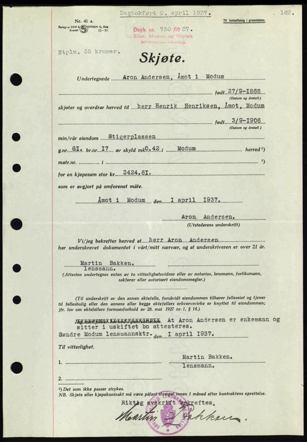 Eiker, Modum og Sigdal sorenskriveri, SAKO/A-123/G/Ga/Gab/L0035: Mortgage book no. A5, 1937-1937, Diary no: : 730/1937