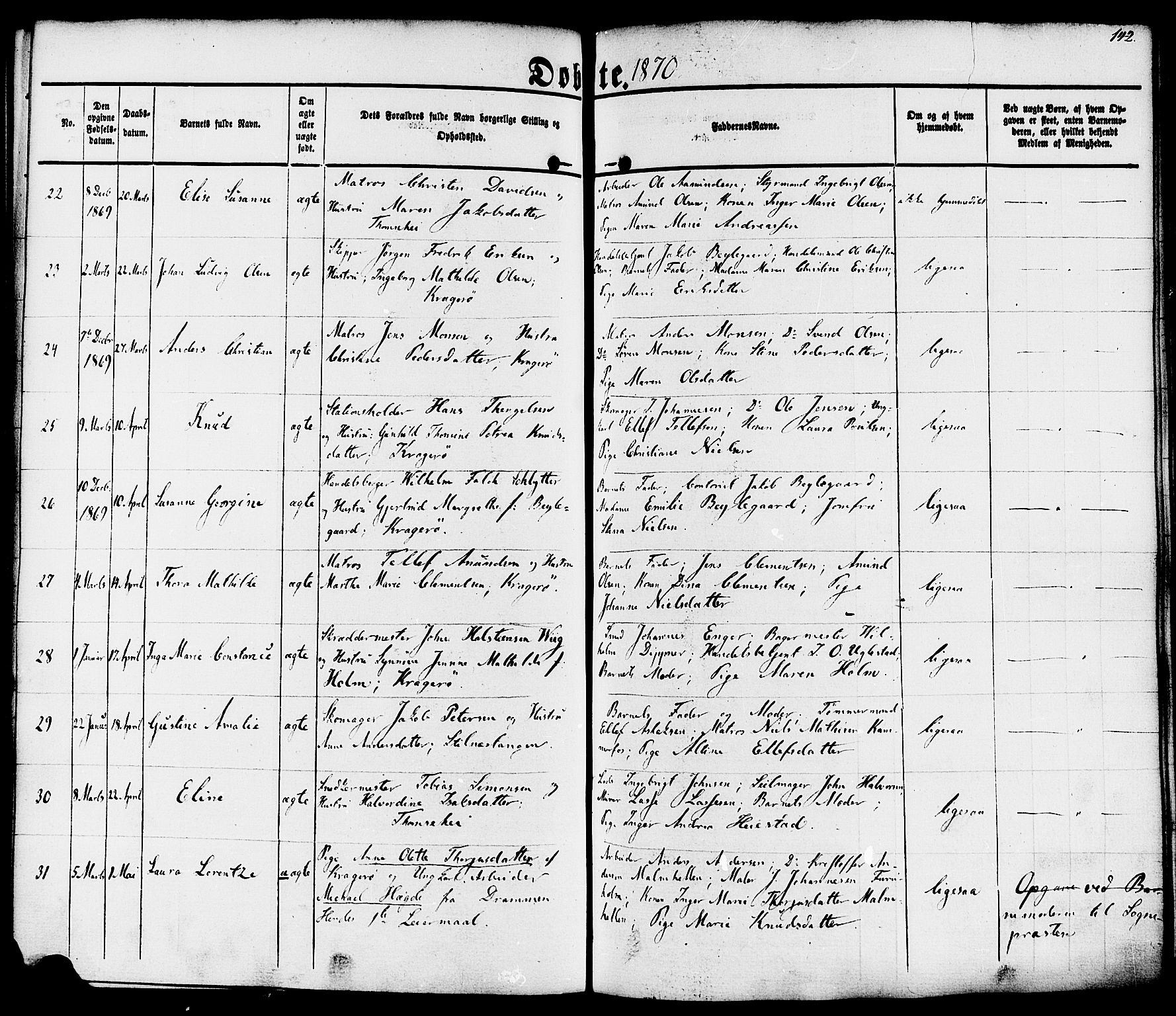 Kragerø kirkebøker, AV/SAKO-A-278/F/Fa/L0007: Parish register (official) no. 7, 1861-1875, p. 142