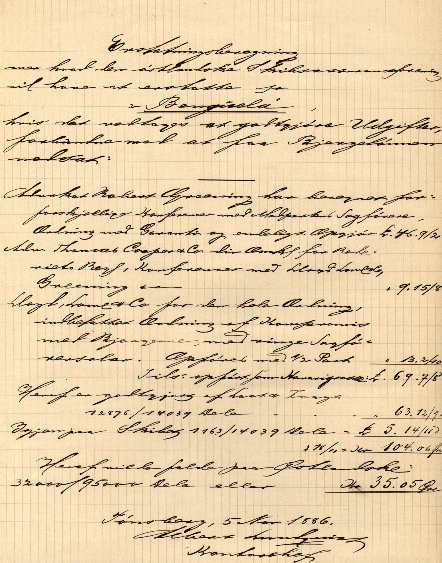 Pa 63 - Østlandske skibsassuranceforening, VEMU/A-1079/G/Ga/L0019/0001: Havaridokumenter / Telanak, Telefon, Ternen, Sir John Lawrence, Benguela, 1886, p. 66