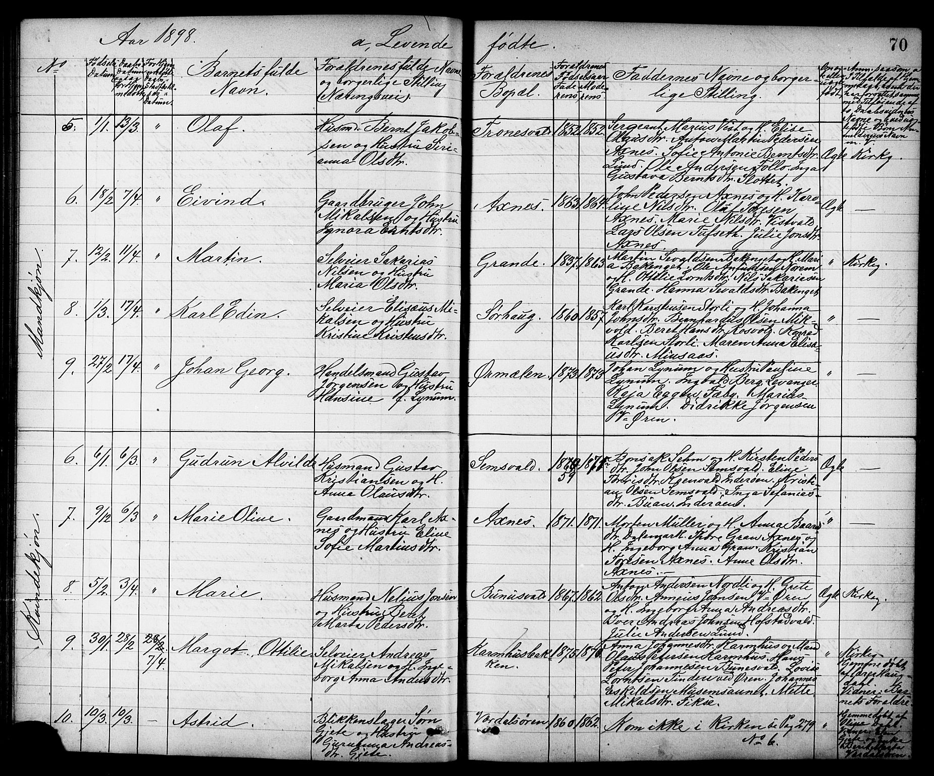 Ministerialprotokoller, klokkerbøker og fødselsregistre - Nord-Trøndelag, SAT/A-1458/723/L0257: Parish register (copy) no. 723C05, 1890-1907, p. 70