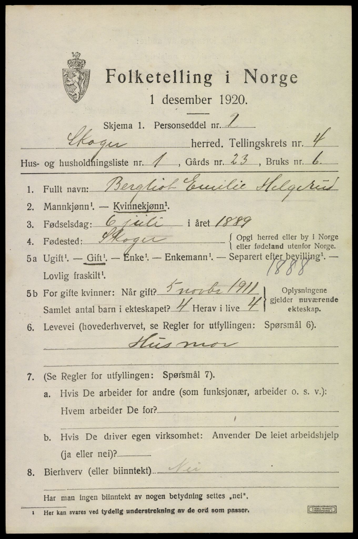 SAKO, 1920 census for Skoger, 1920, p. 9909