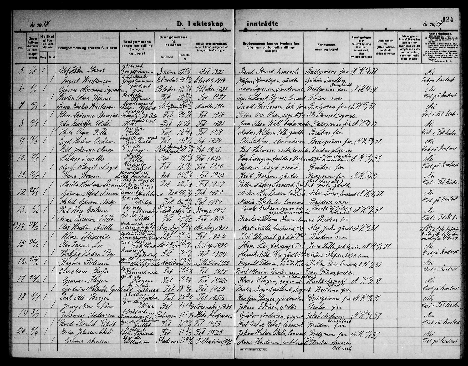 Fet prestekontor Kirkebøker, AV/SAO-A-10370a/G/Ga/L0010: Parish register (copy) no. I 10, 1935-1951, p. 124