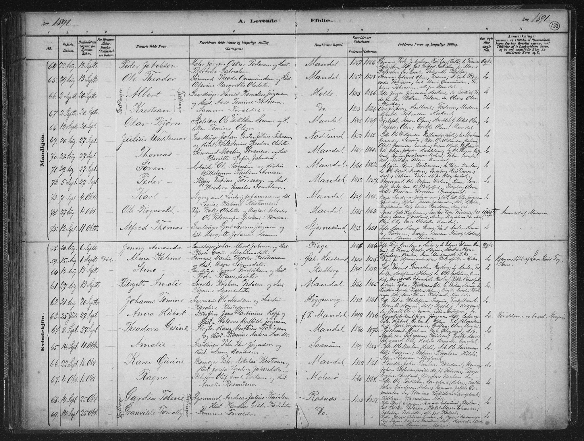 Mandal sokneprestkontor, AV/SAK-1111-0030/F/Fb/Fba/L0011: Parish register (copy) no. B 5, 1880-1898, p. 123