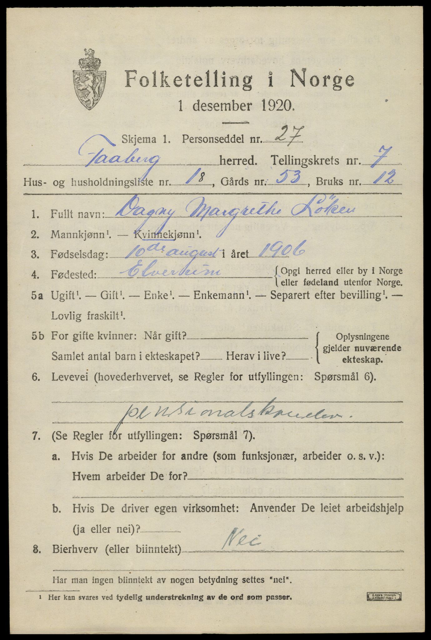 SAH, 1920 census for Fåberg, 1920, p. 8122