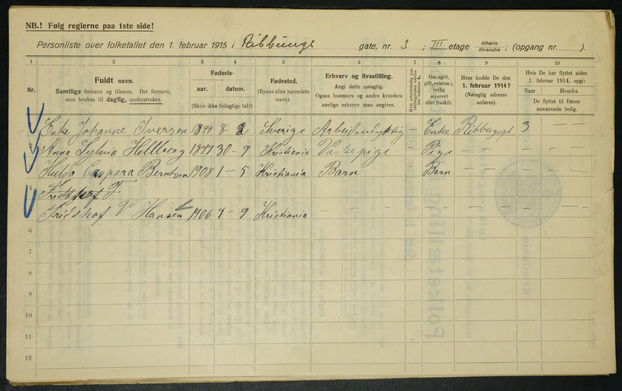 OBA, Municipal Census 1915 for Kristiania, 1915, p. 82665