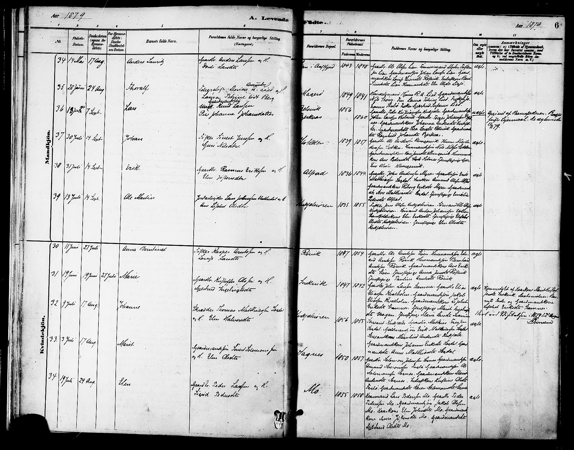Ministerialprotokoller, klokkerbøker og fødselsregistre - Sør-Trøndelag, SAT/A-1456/630/L0496: Parish register (official) no. 630A09, 1879-1895, p. 6