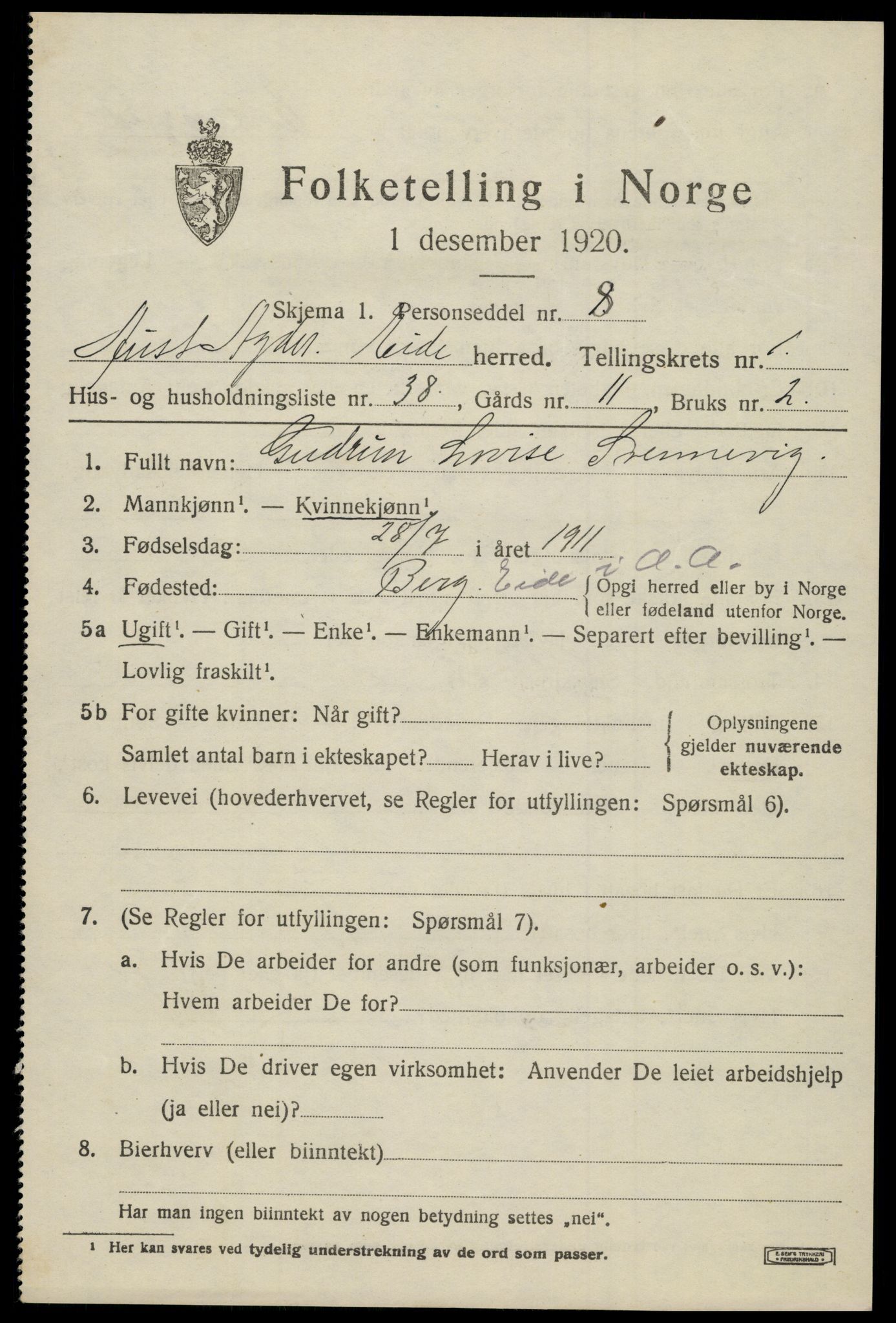 SAK, 1920 census for Eide, 1920, p. 660