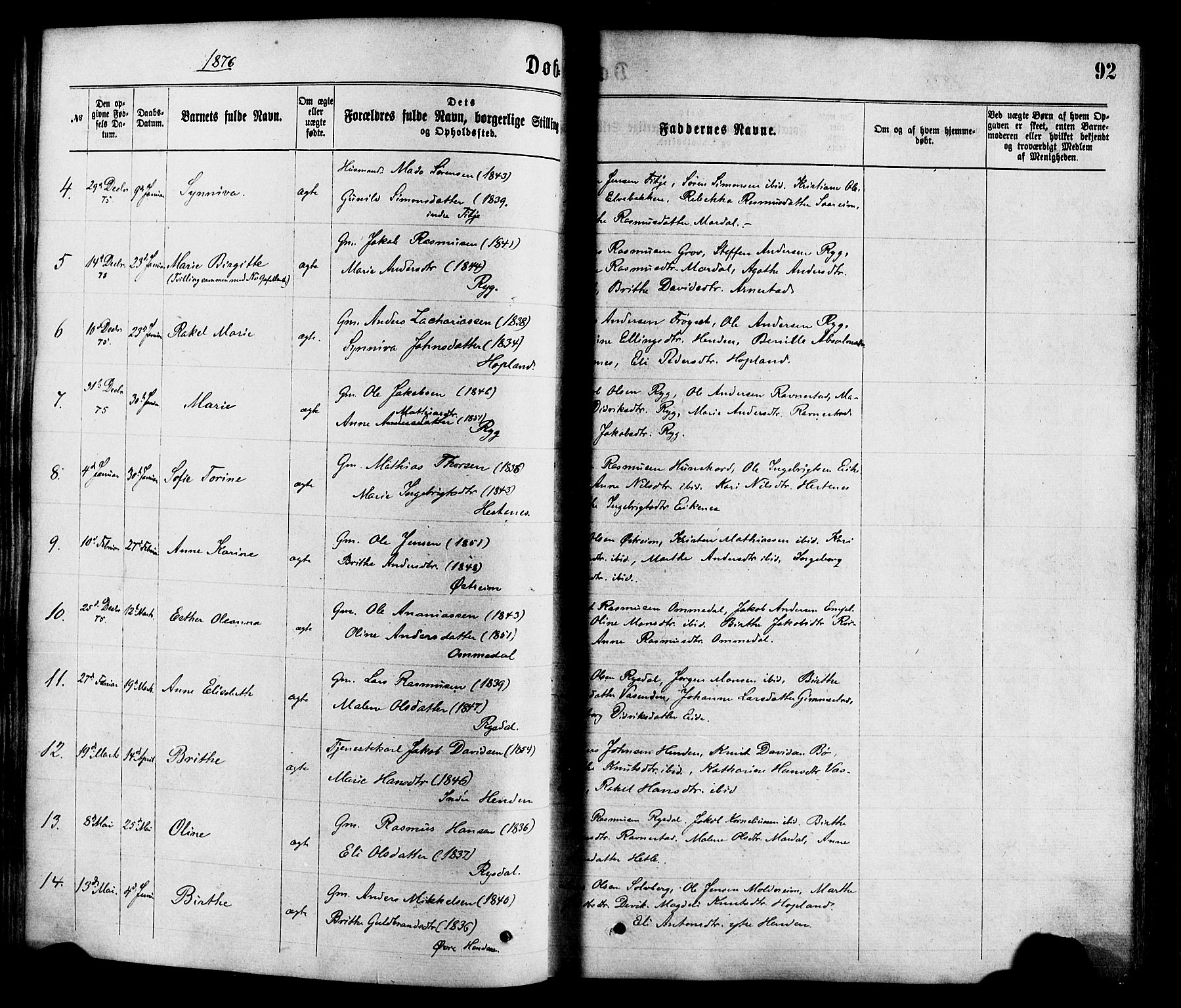 Gloppen sokneprestembete, SAB/A-80101/H/Haa/Haaa/L0010: Parish register (official) no. A 10, 1871-1884, p. 92