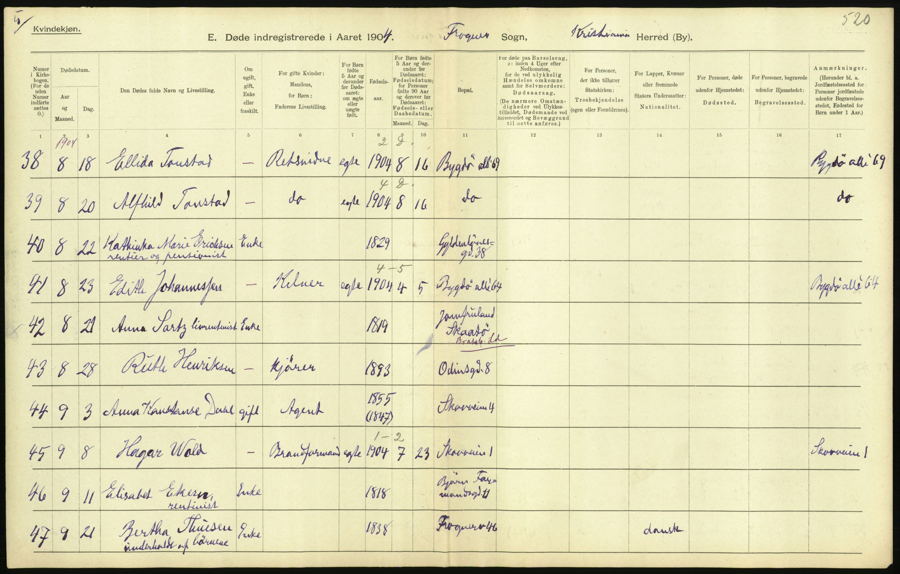 Statistisk sentralbyrå, Sosiodemografiske emner, Befolkning, AV/RA-S-2228/D/Df/Dfa/Dfab/L0004: Kristiania: Gifte, døde, 1904, p. 271