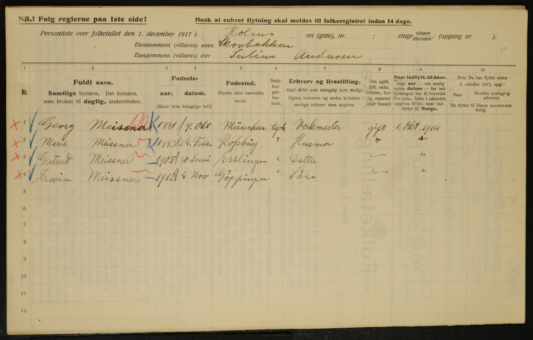 OBA, Municipal Census 1917 for Aker, 1917, p. 16337